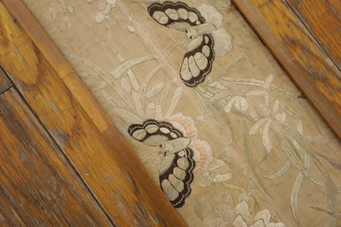 A Beautiful Neutral Tan Background With Ivory Floral Crane Motifs and Brown Winged Butterflies Antiq - 6