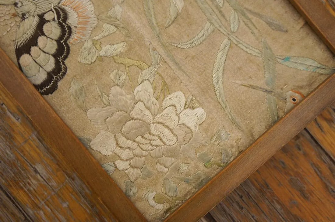 A Beautiful Neutral Tan Background With Ivory Floral Crane Motifs and Brown Winged Butterflies Antiq - 7
