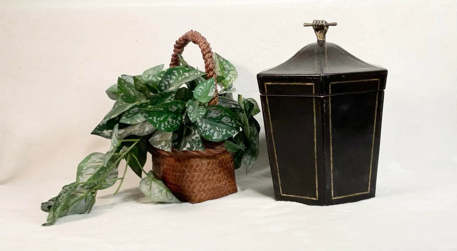 Vintage Tea Caddy Lidded Hexagonal Wooden Box With Brass Fist Finial - 12