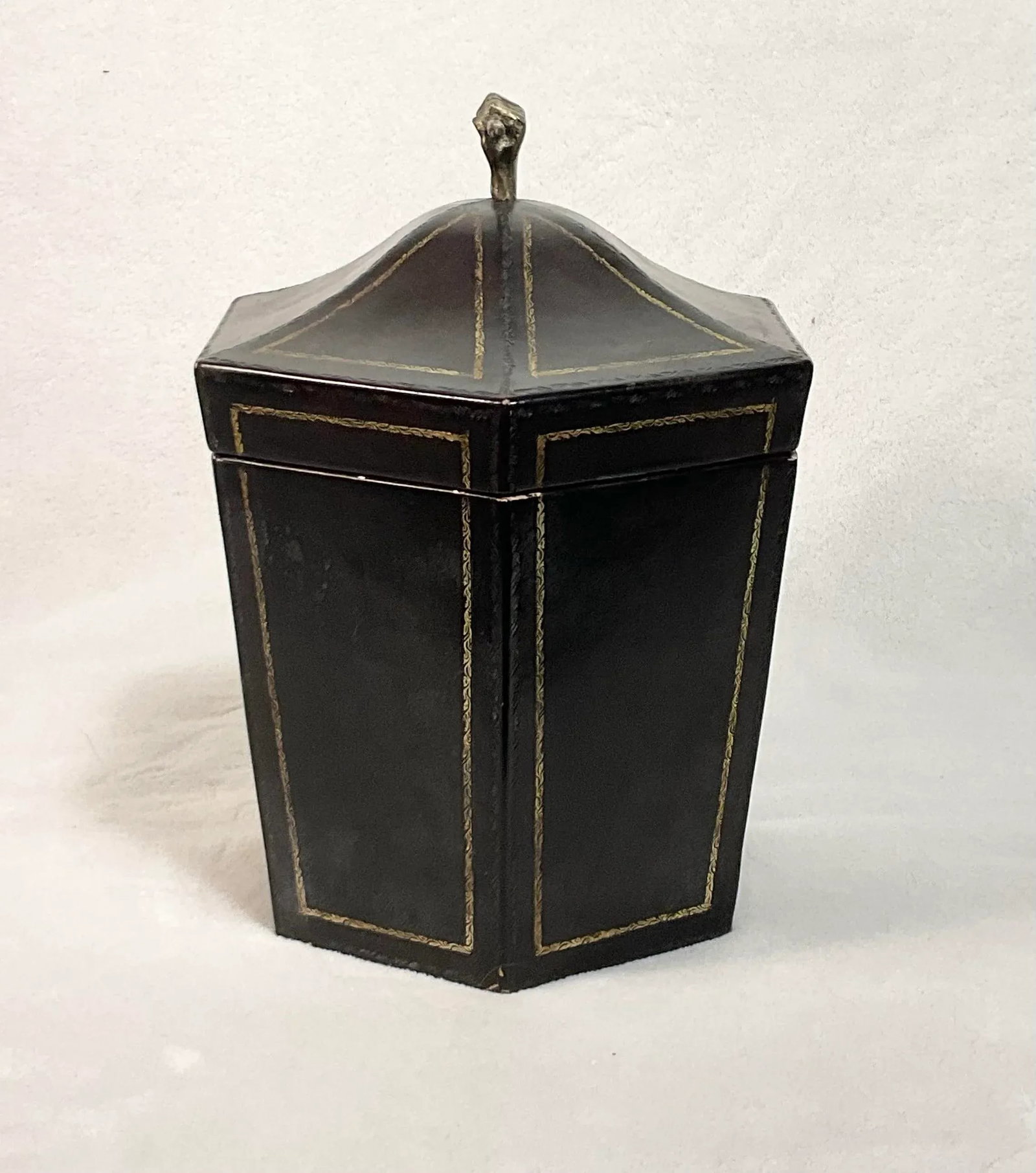 Vintage Tea Caddy Lidded Hexagonal Wooden Box With Brass Fist Finial - 3