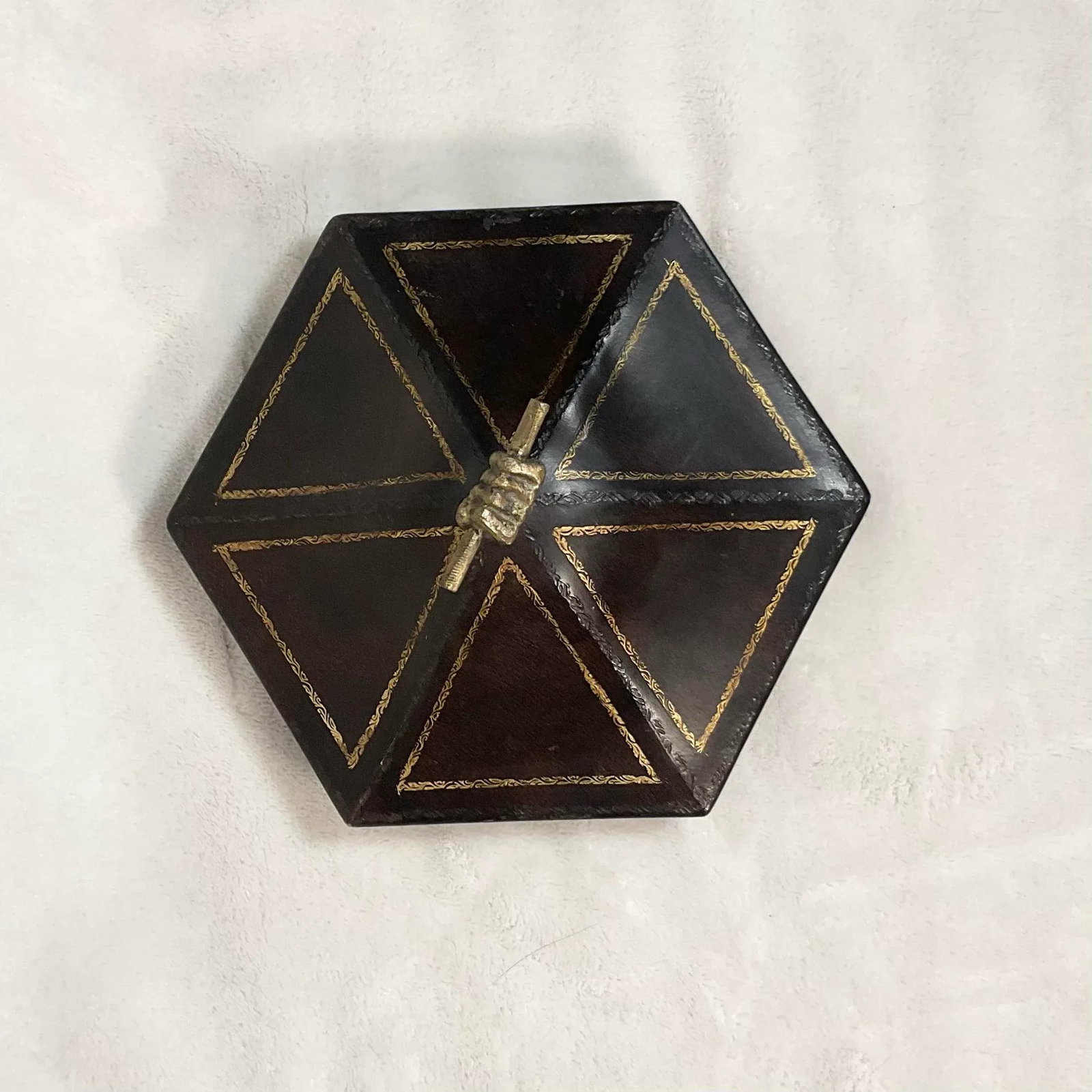 Vintage Tea Caddy Lidded Hexagonal Wooden Box With Brass Fist Finial - 6