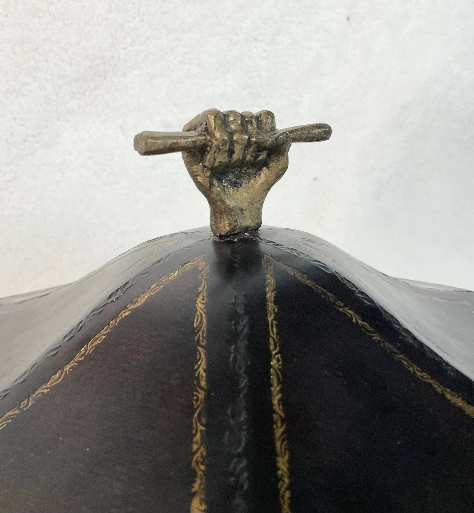 Vintage Tea Caddy Lidded Hexagonal Wooden Box With Brass Fist Finial - 8