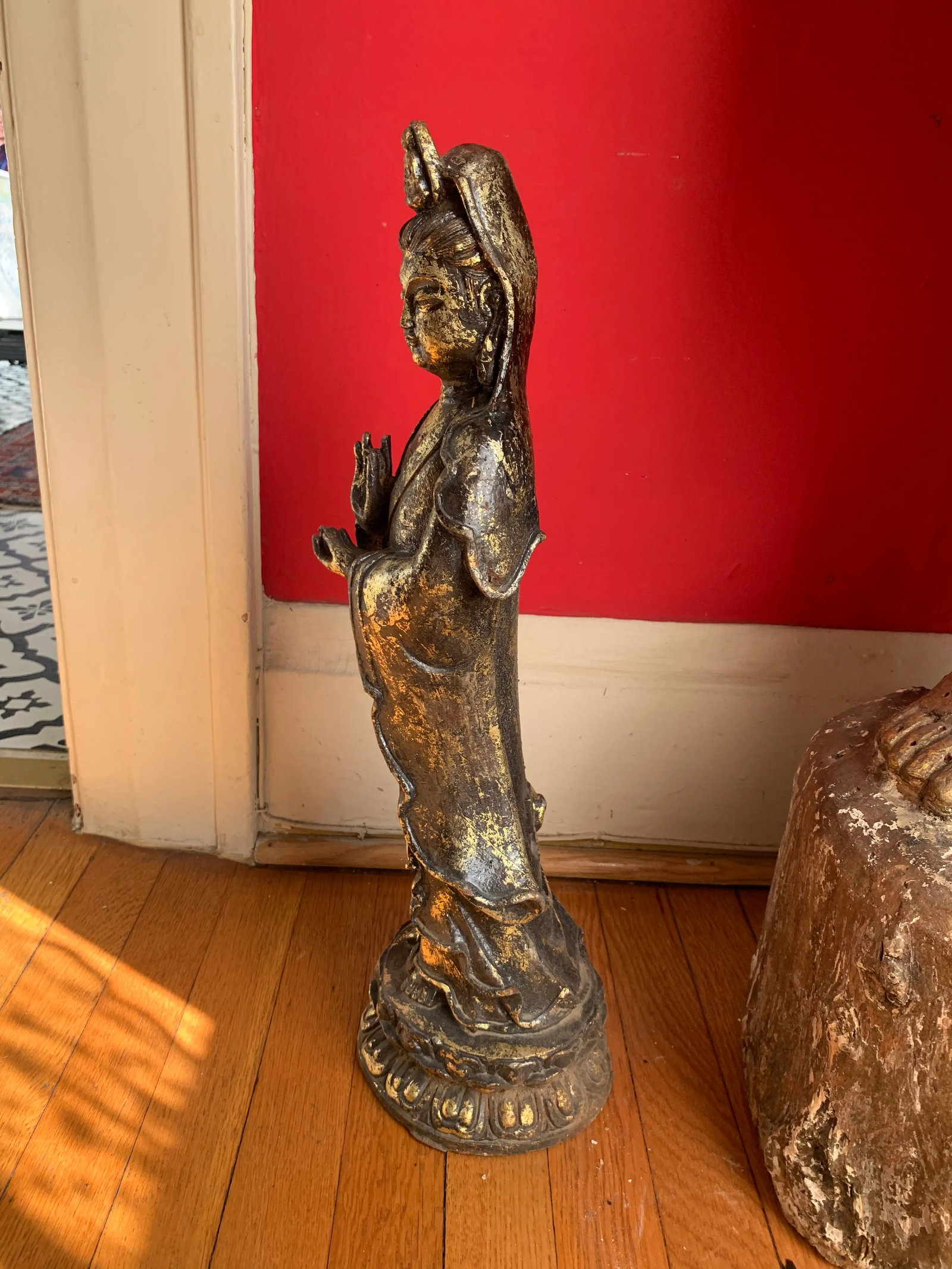 Quan Yin on Lotus Flower Caste Iron Gold Leafed Statue - 10