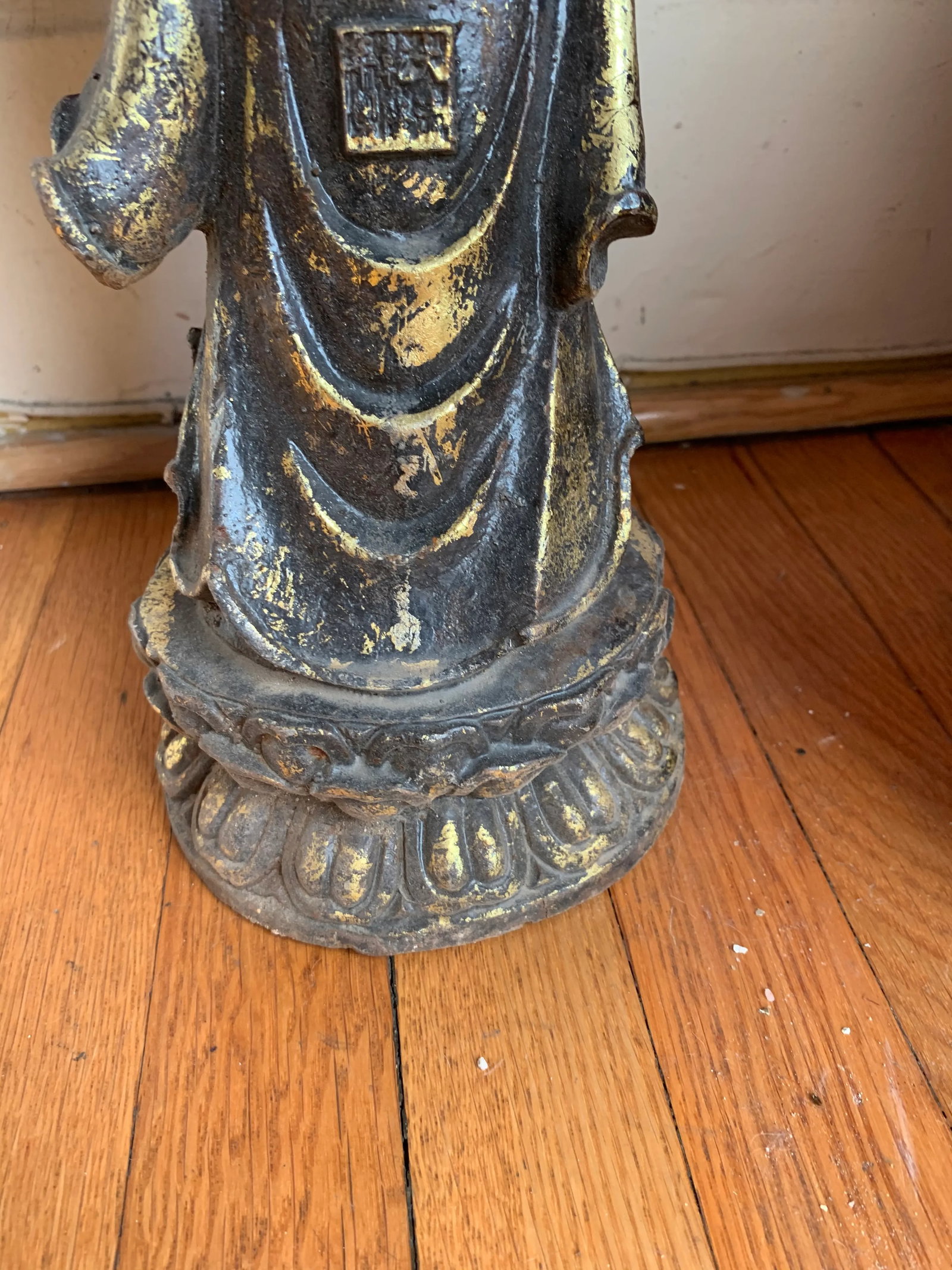 Quan Yin on Lotus Flower Caste Iron Gold Leafed Statue - 11