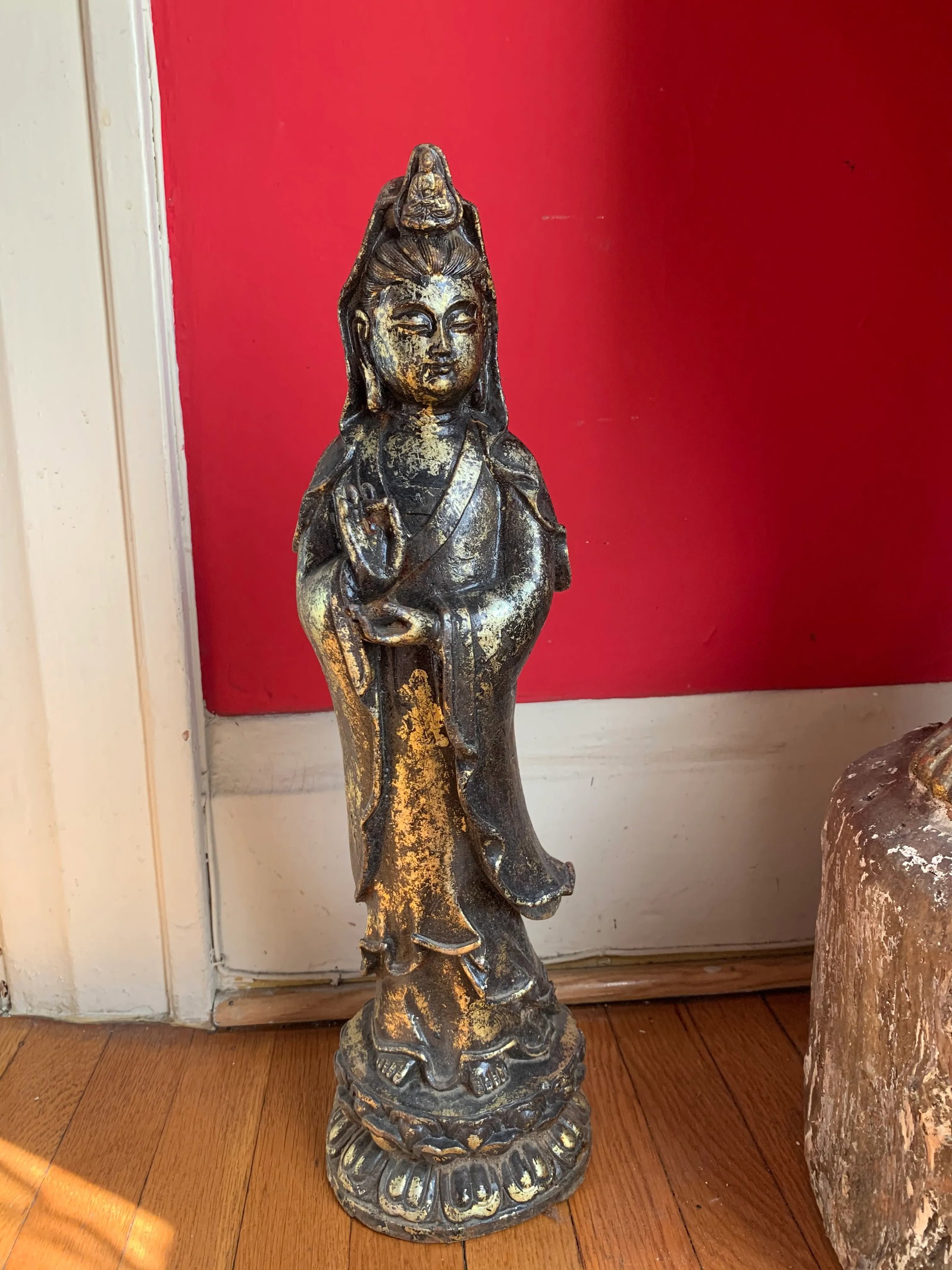Quan Yin on Lotus Flower Caste Iron Gold Leafed Statue - 13
