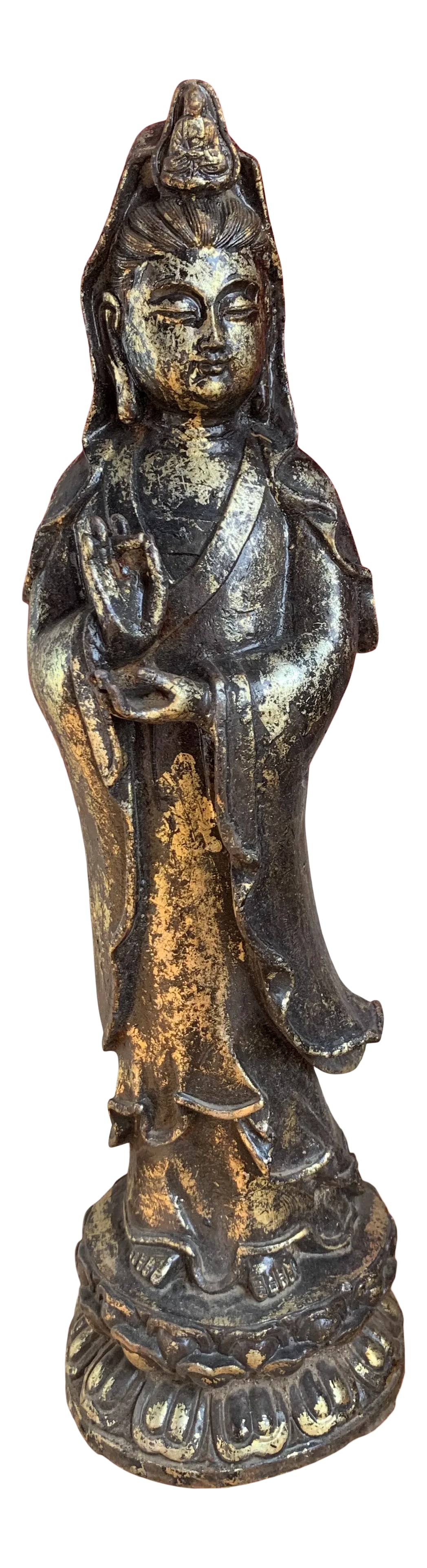 Quan Yin on Lotus Flower Caste Iron Gold Leafed Statue: Quan Yin caste iron on lotus flower statue, made by the Yao hill tribe of the Hunan province. Condition: Alterations: Original Condition Unaltered Imperfections: Some Imperfections Condition Notes: