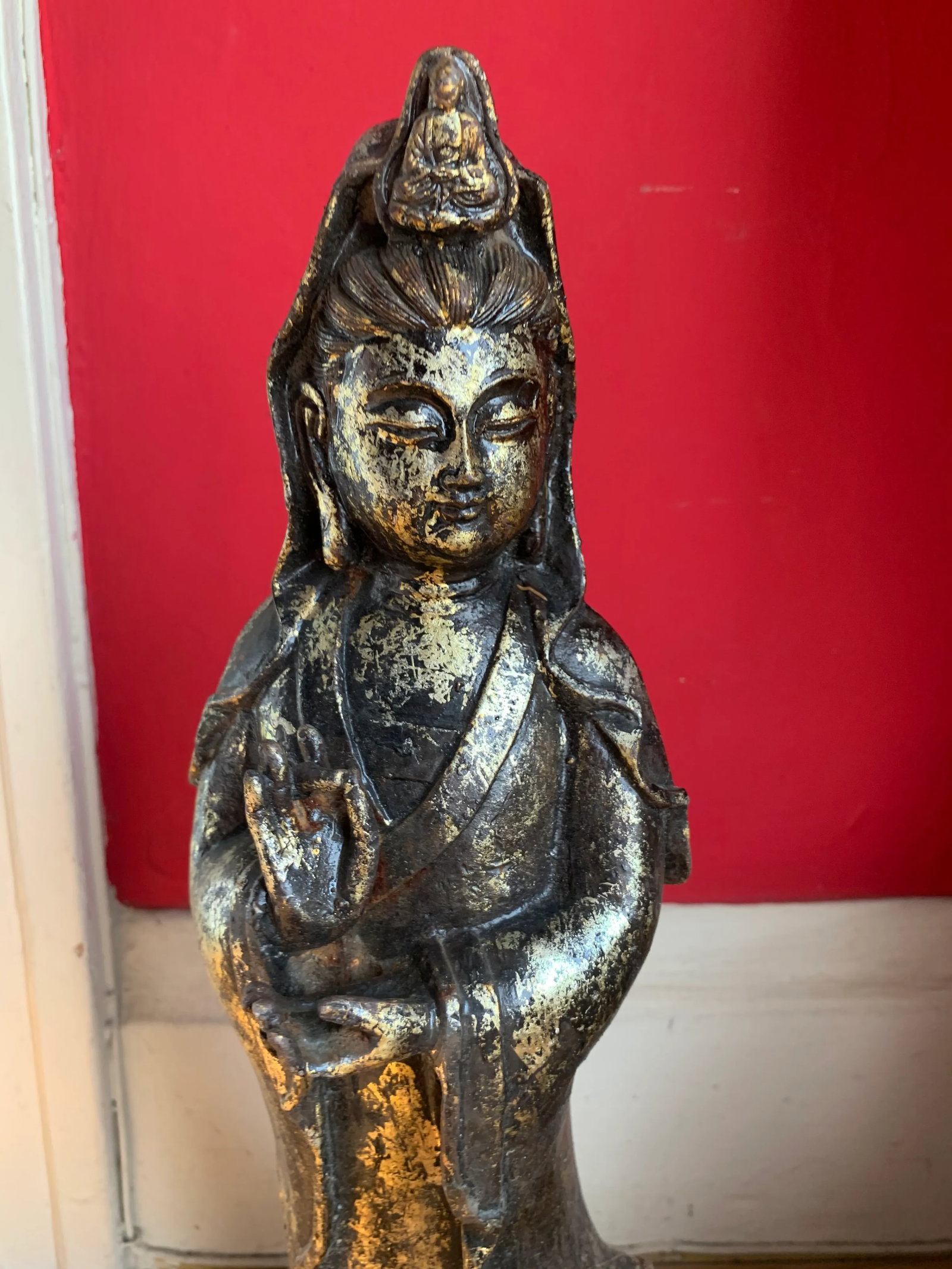 Quan Yin on Lotus Flower Caste Iron Gold Leafed Statue - 2