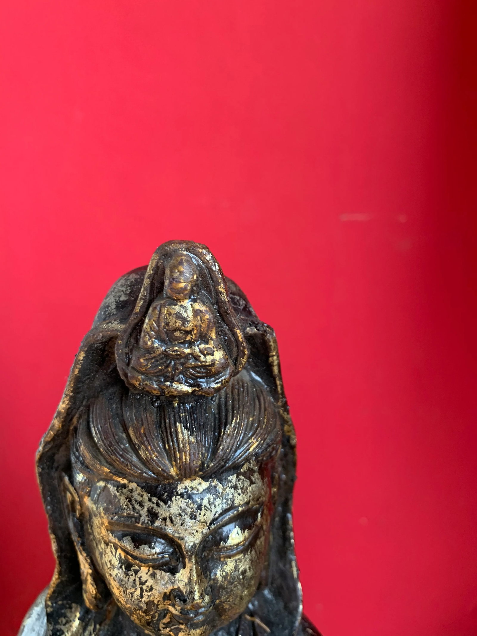 Quan Yin on Lotus Flower Caste Iron Gold Leafed Statue - 3