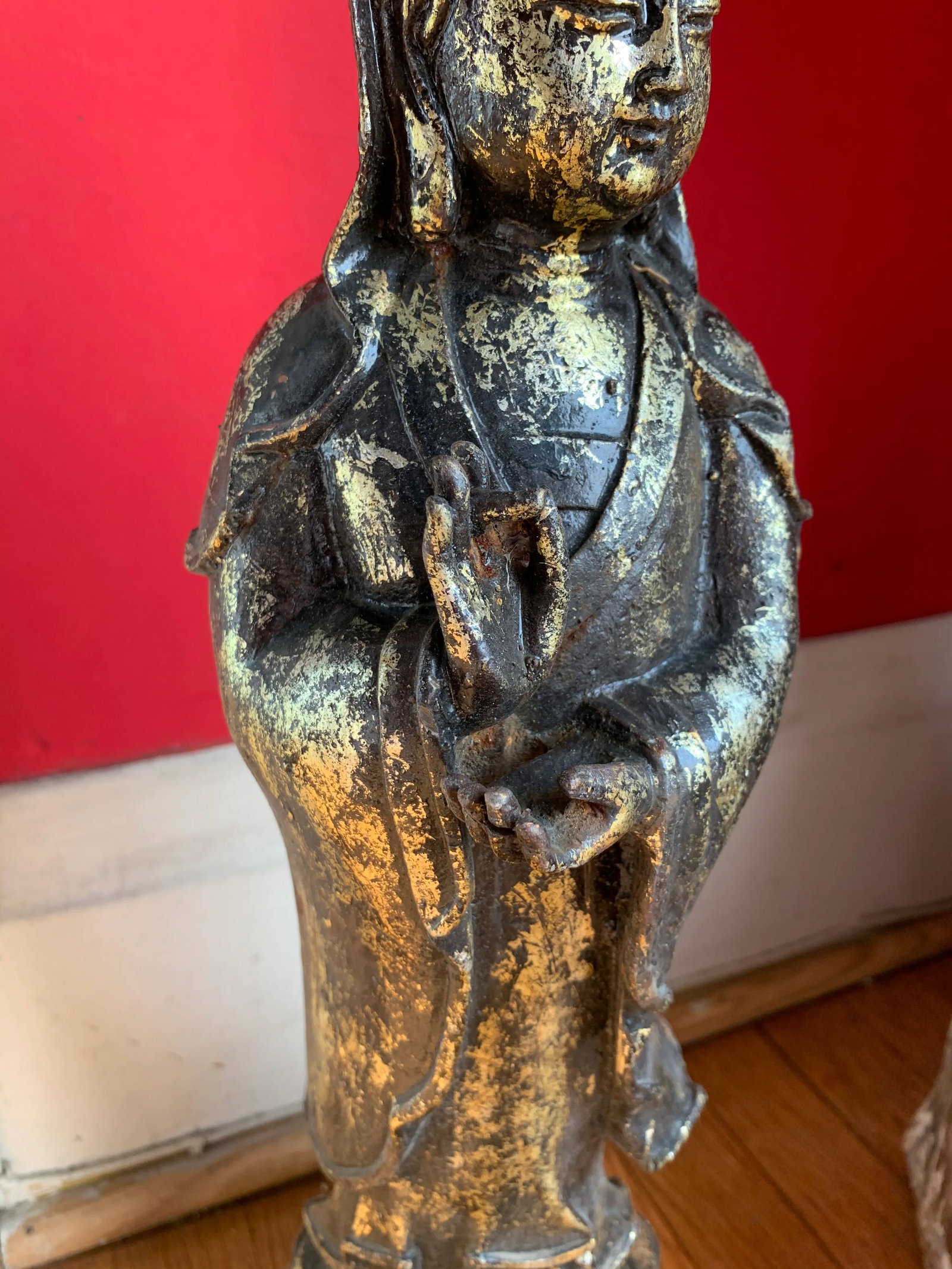 Quan Yin on Lotus Flower Caste Iron Gold Leafed Statue - 5