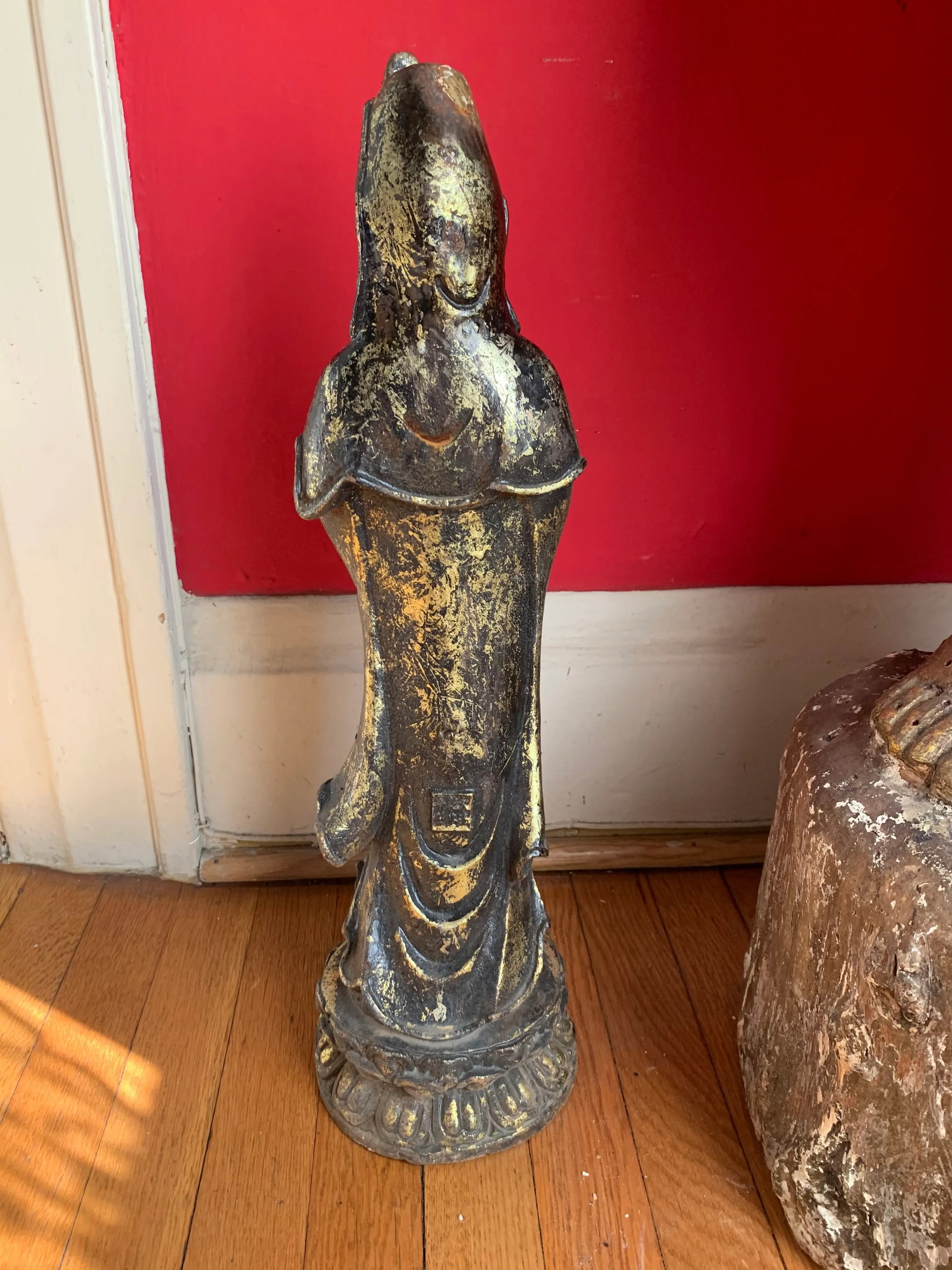 Quan Yin on Lotus Flower Caste Iron Gold Leafed Statue - 7