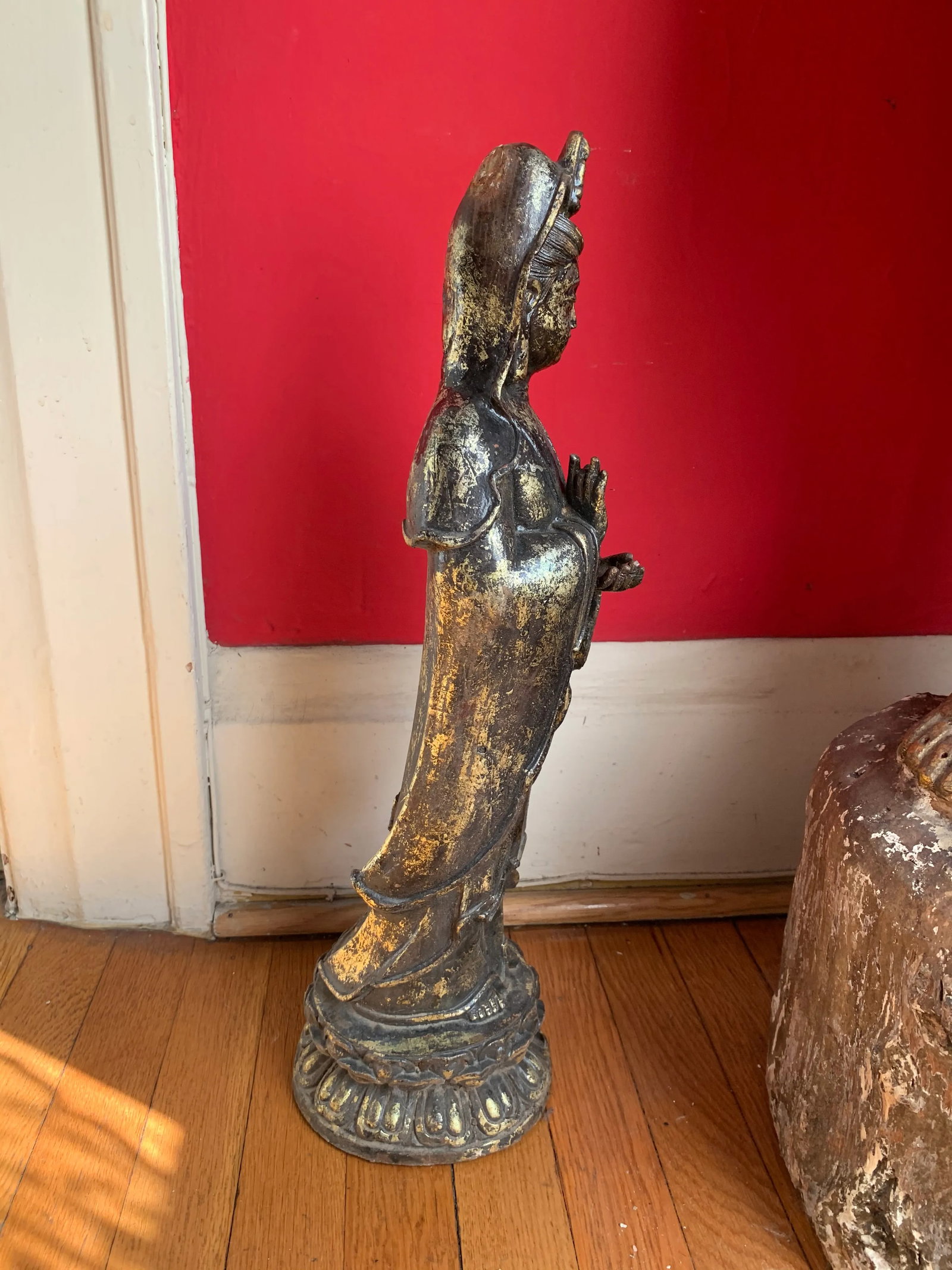 Quan Yin on Lotus Flower Caste Iron Gold Leafed Statue - 8