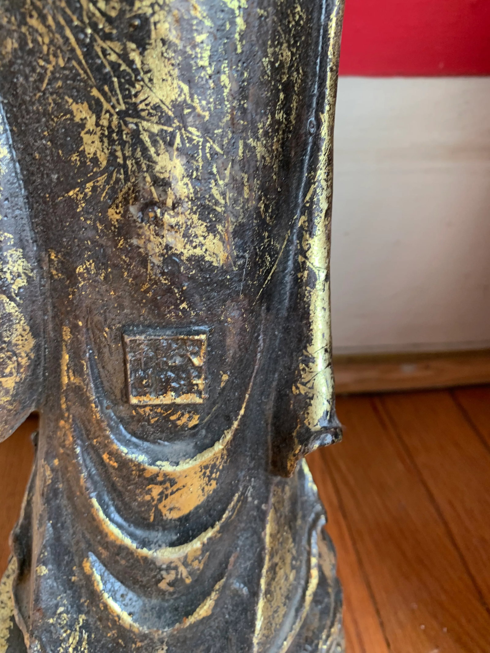 Quan Yin on Lotus Flower Caste Iron Gold Leafed Statue - 9