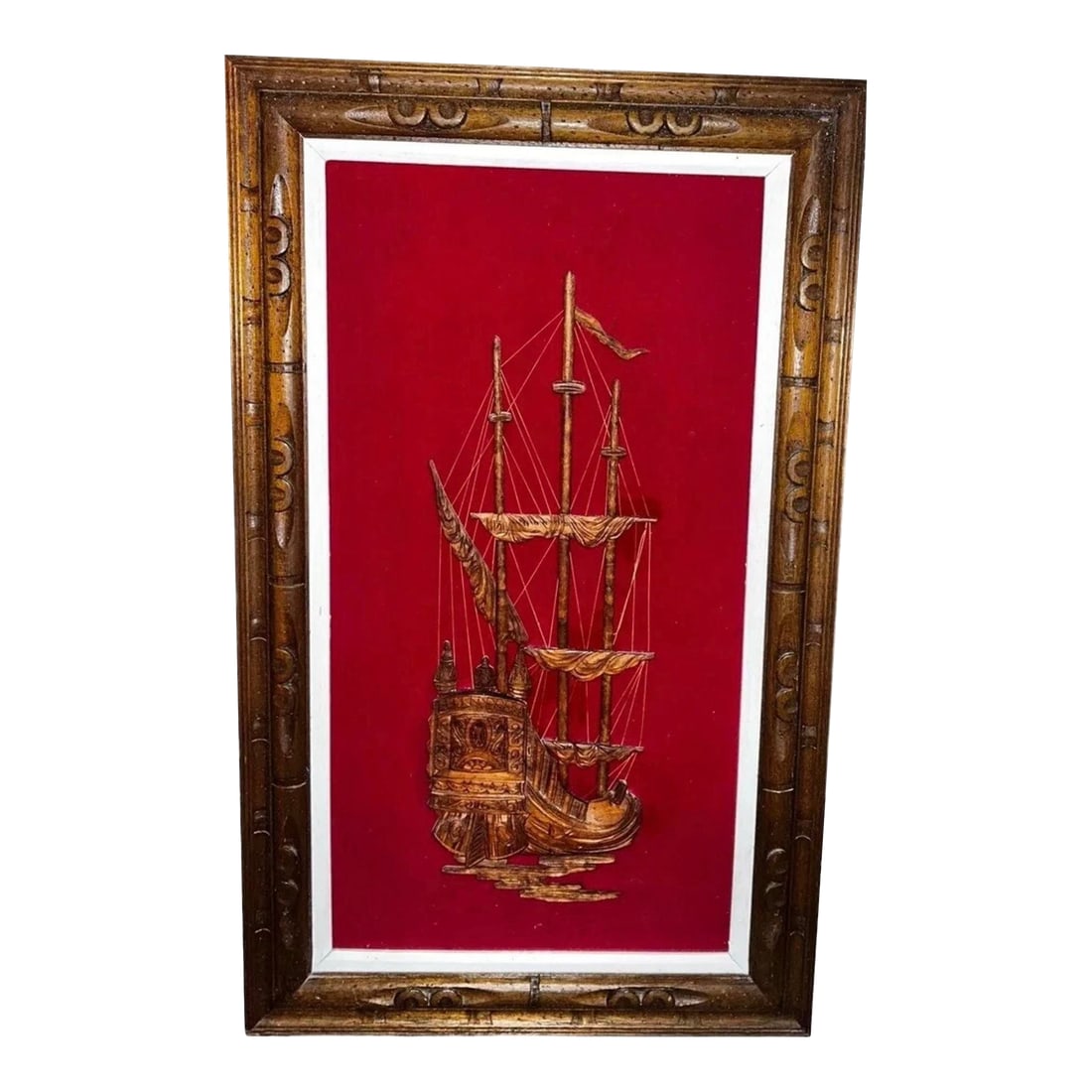 Mid Century Spanish Pirate Clippership Wood Carved String Art Wall Hanging: Vintage MCM Wood Carved Frame & 3D Wooden Spanish Pirate Clippership Ship Wall Plaque String Art Red Velvet Back 39"X24" Condition: Alterations: Original Condition Unaltered Imperfections: Some