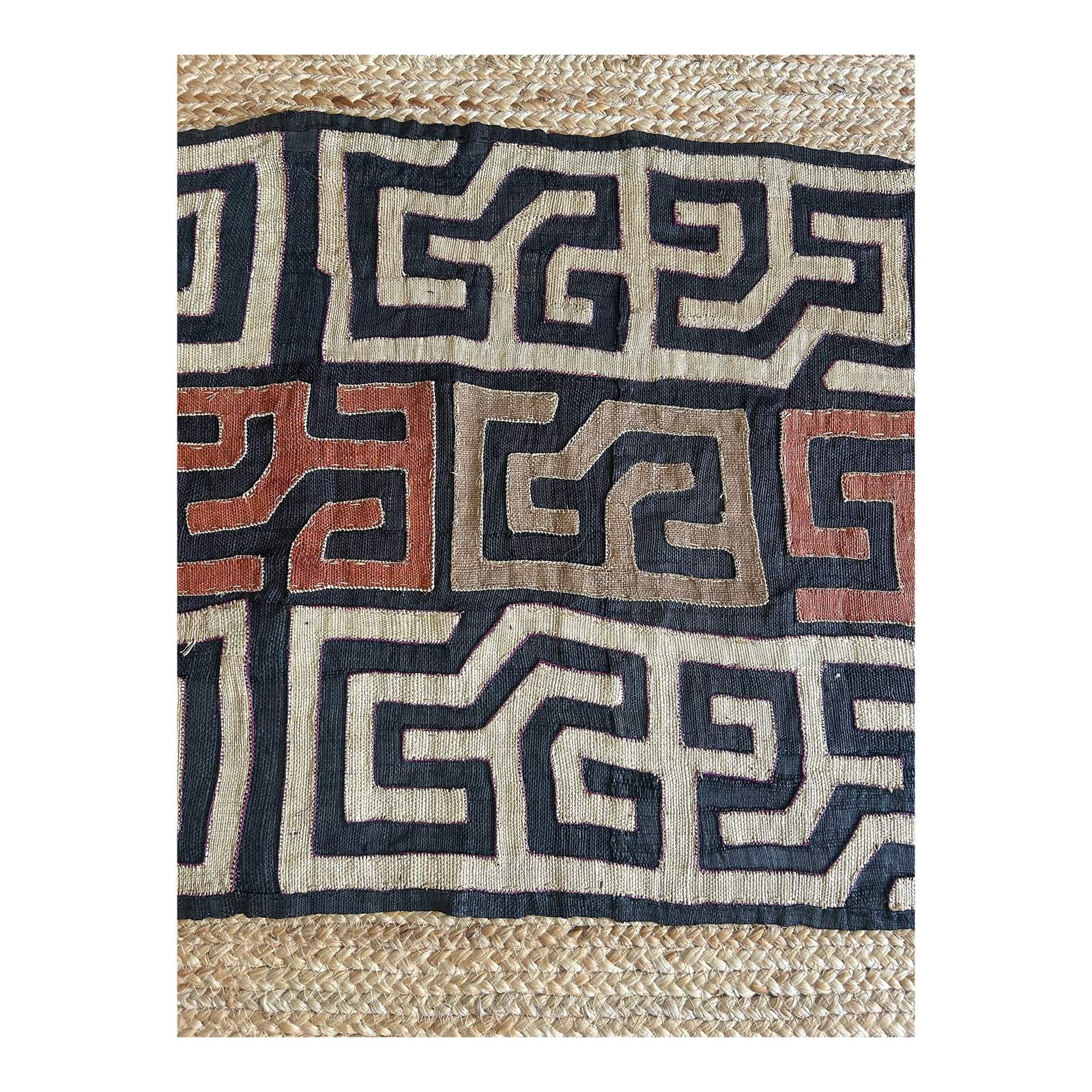 1950s African Tribal Kuba Cloth: A striking handwoven Kuba cloth runner from the Democratic Republic of Congo, dating to the mid-20th century (circa 1940s-1970s). Woven from raffia palm fibers and decorated in applique with bold