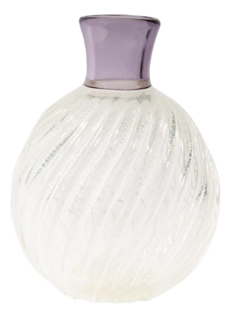 Mikasa Amethyst and Silver Fleck Glass Vase by Larry Laslo: An amethyst and silver fleck glass vase designed by the American artist Larry Laslo (born 1943) for Mikasa. The vase has a round shape in clear glass with a striped, textured surface with silver
