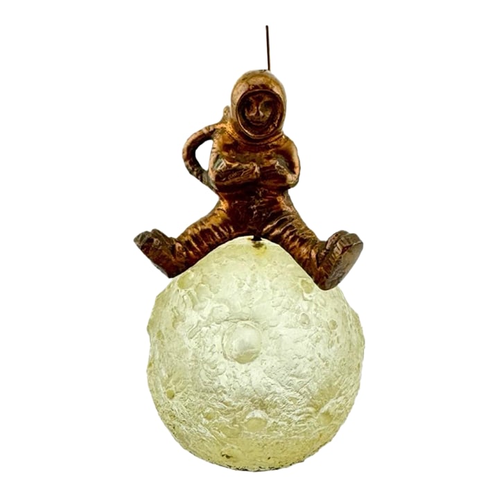 1960s Marvin Wernick Co. First Men on the Moon Paperweight: VTG Marvin Wernick Co. Apollo 11 commemorative paperweight featuring a brass astronaut figure seated on a Lucite moon. Fantastic vintage condition. Very well cared for. This collectible item serves
