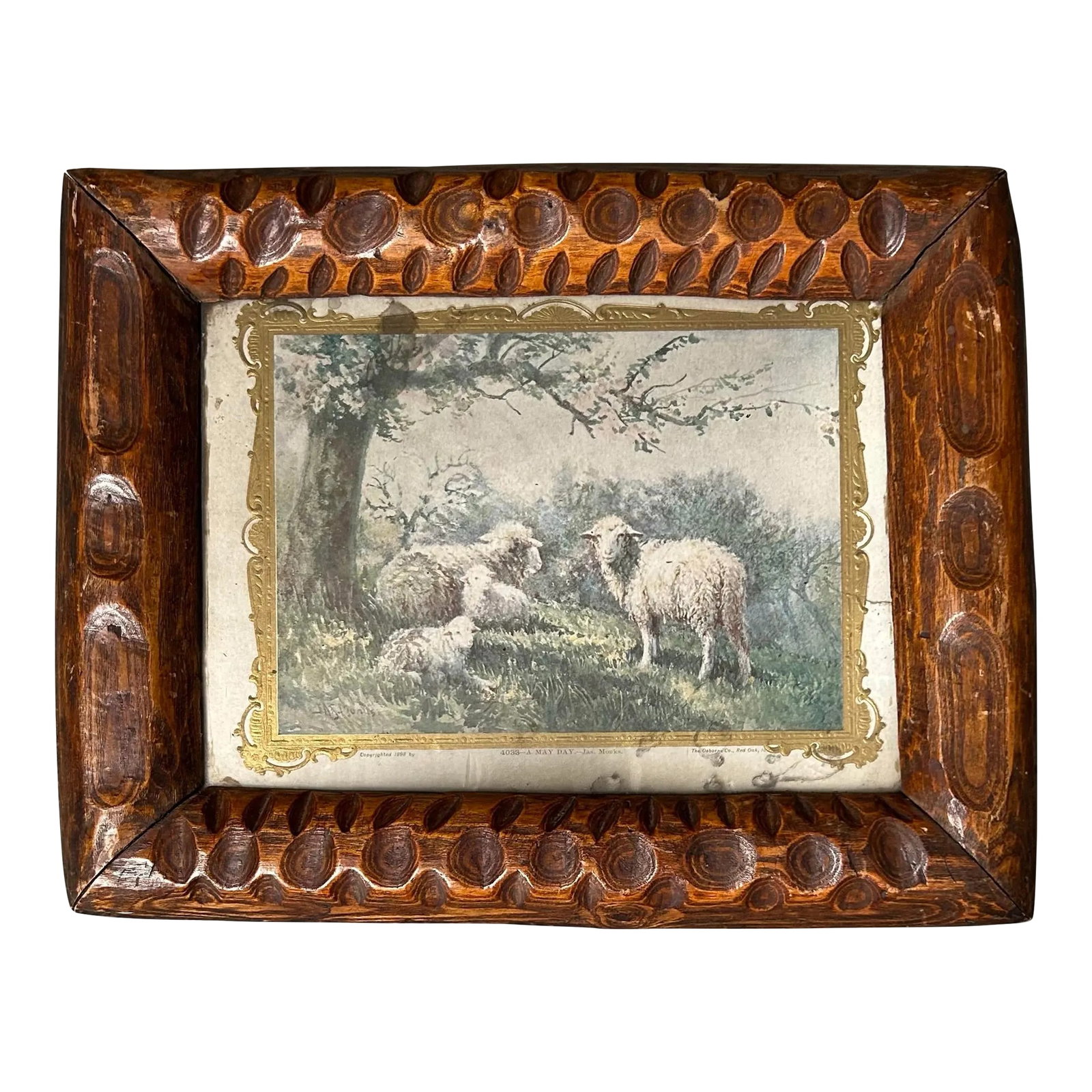 Antique Hand Carved Adirondack Style Picture Frame 10 X 13": Antique hand carved natural wood Adirondack style picture frame. Includes a print from 1898. The opening for a picture is 7" x 9 3/4". Condition: Alterations: Original Condition Unaltered