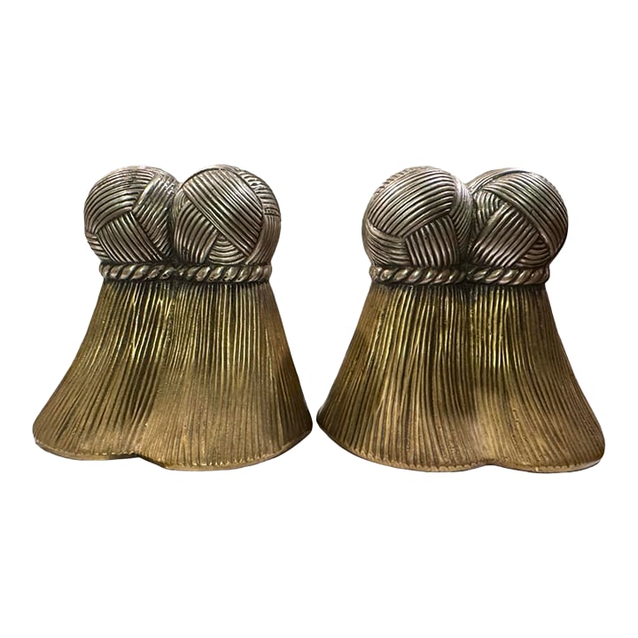Vintage Brass Tassel Bookends: Pair of almost solid brass bookends in tassel form. Top is pewter or silver metal cast over the brass. Very heavy. Condition: Alterations: Original Condition Unaltered Imperfections: Some