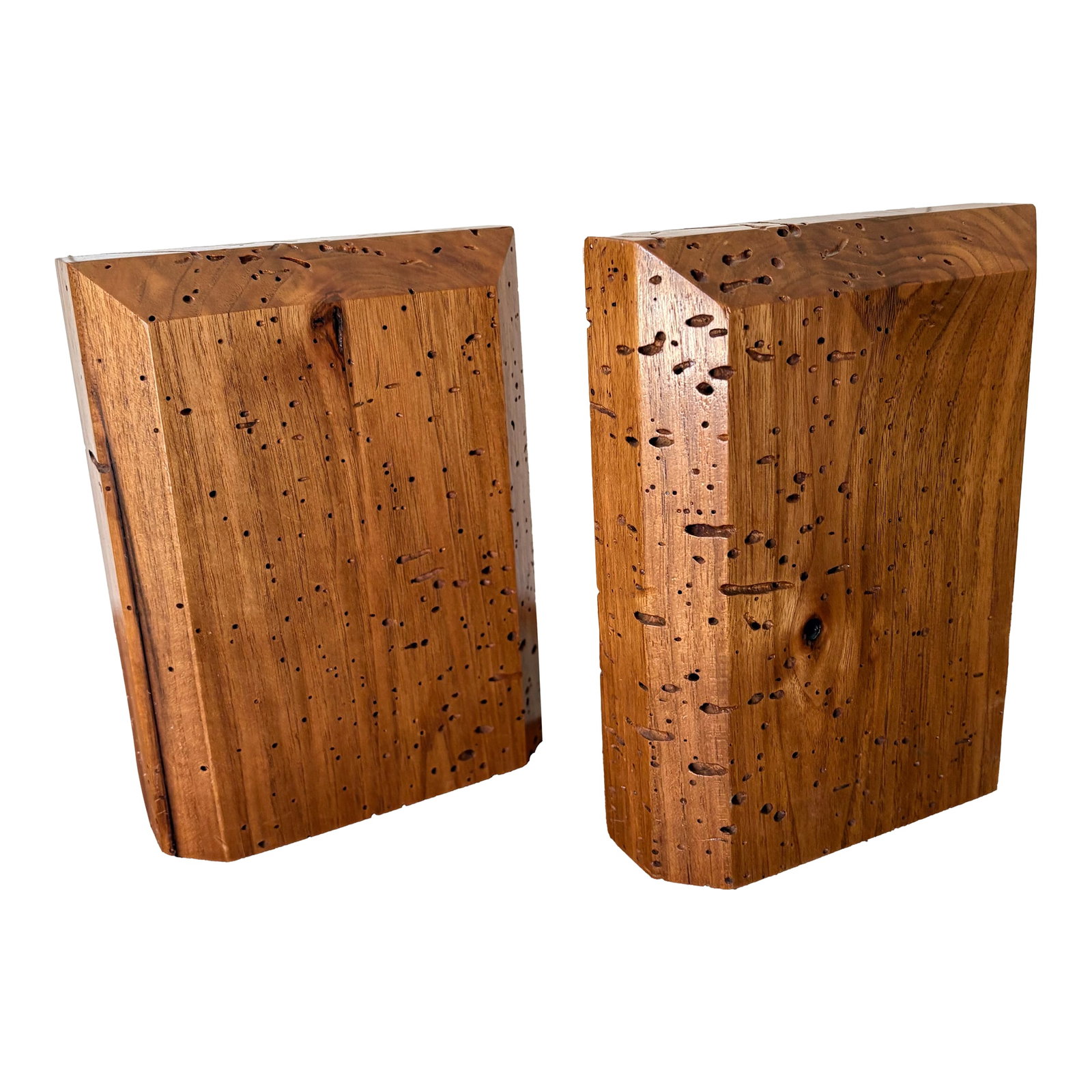 Large Artisan Made Wormhole Hardwood Faceted Bookends a Pair: Finely handcrafted solid hardwood bookends by Ed and Sandra Reid made in North Carolina. Faceted design with heavily worm holed and intricately grained wood. Large size 8" tall x 2" thick wood.