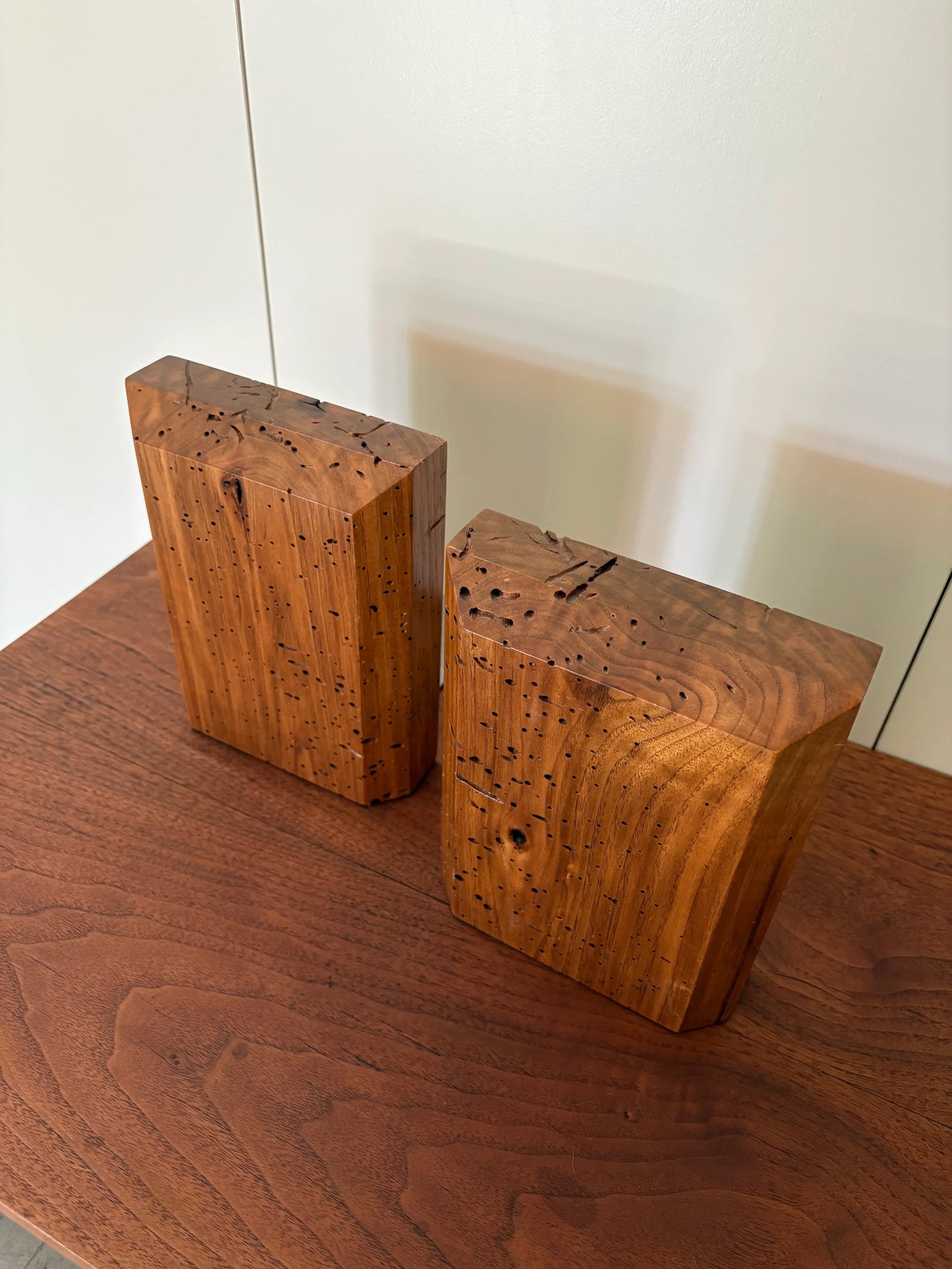 Large Artisan Made Wormhole Hardwood Faceted Bookends a Pair - 2