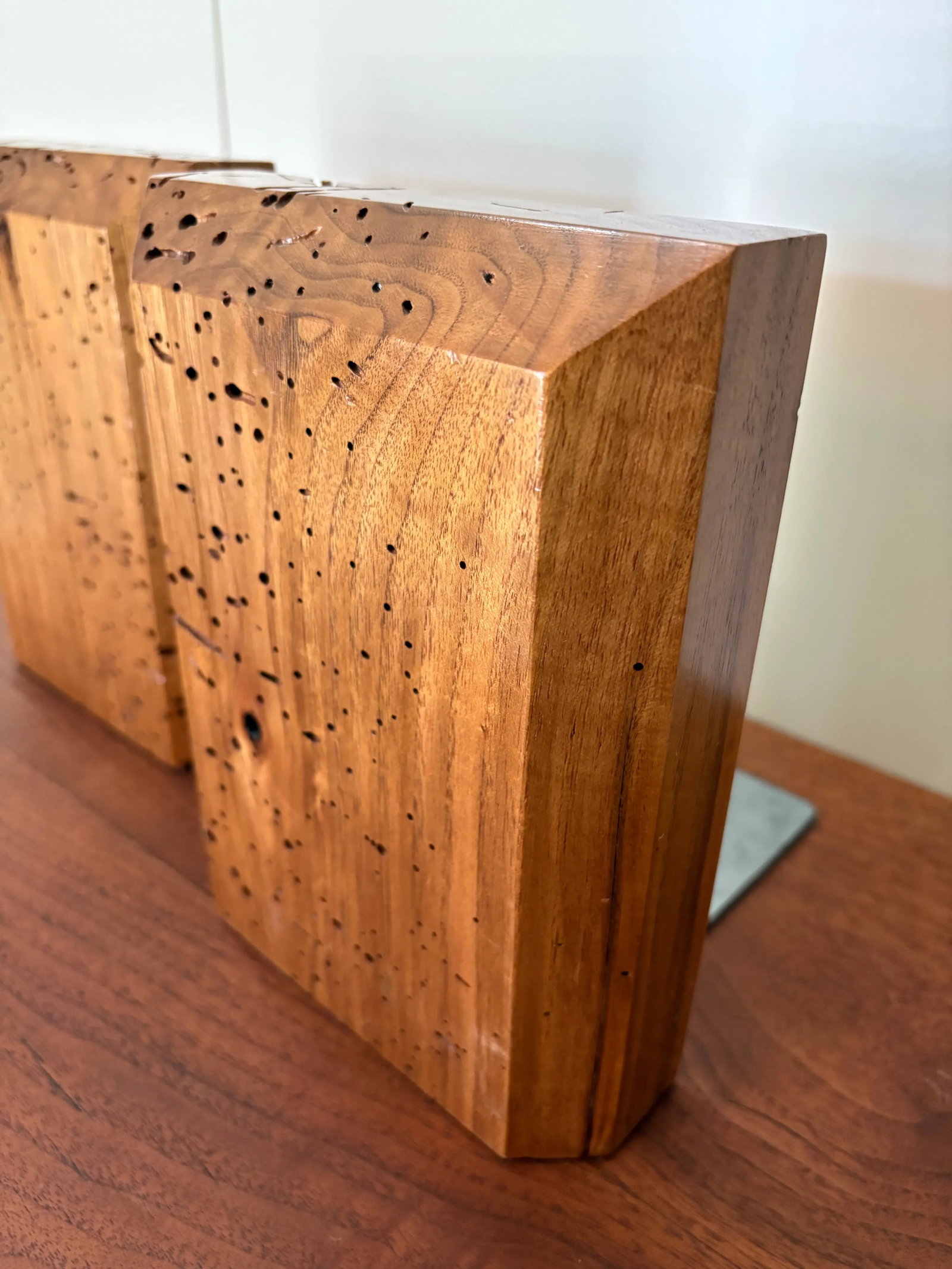 Large Artisan Made Wormhole Hardwood Faceted Bookends a Pair - 3
