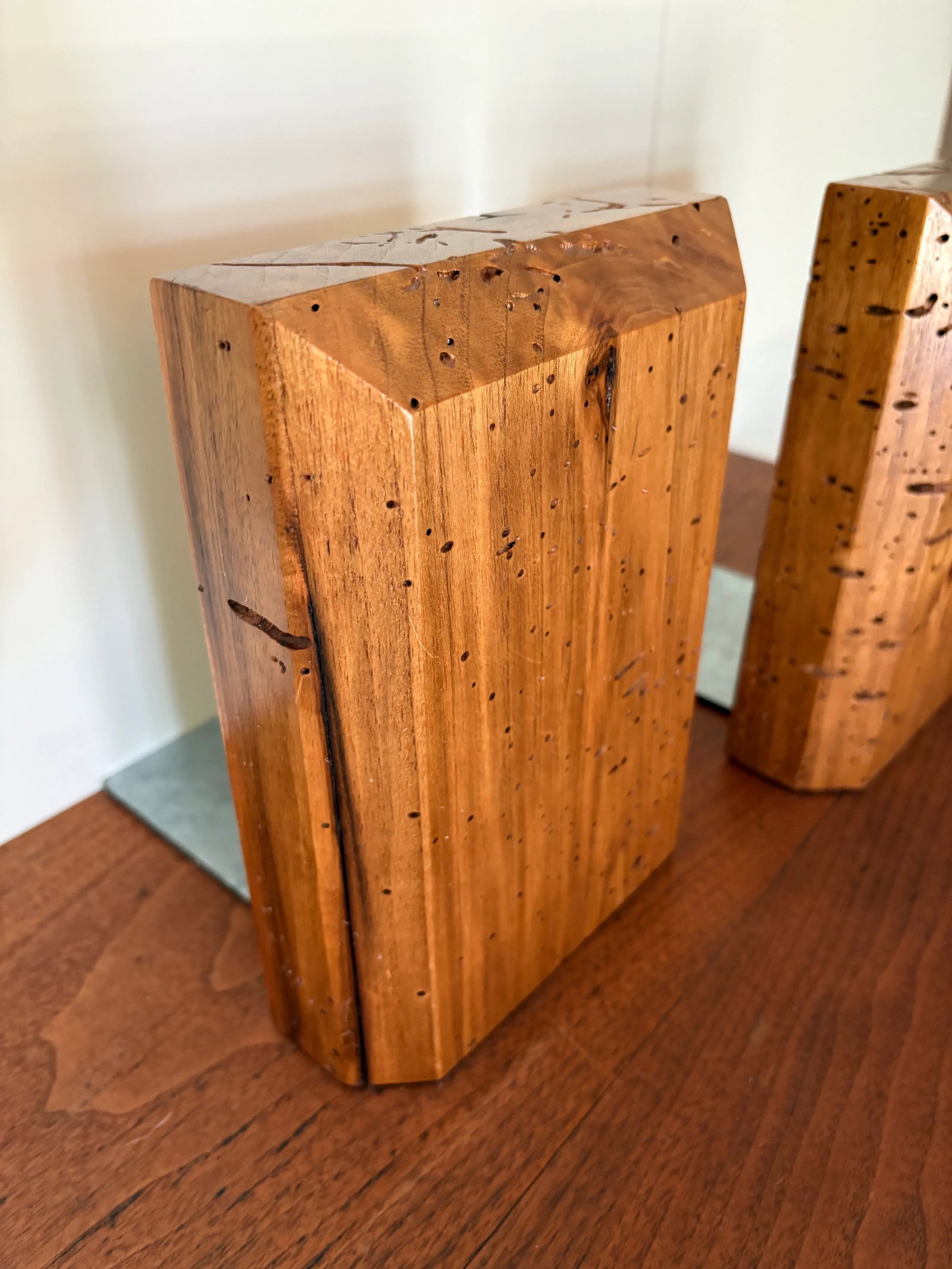 Large Artisan Made Wormhole Hardwood Faceted Bookends a Pair - 4
