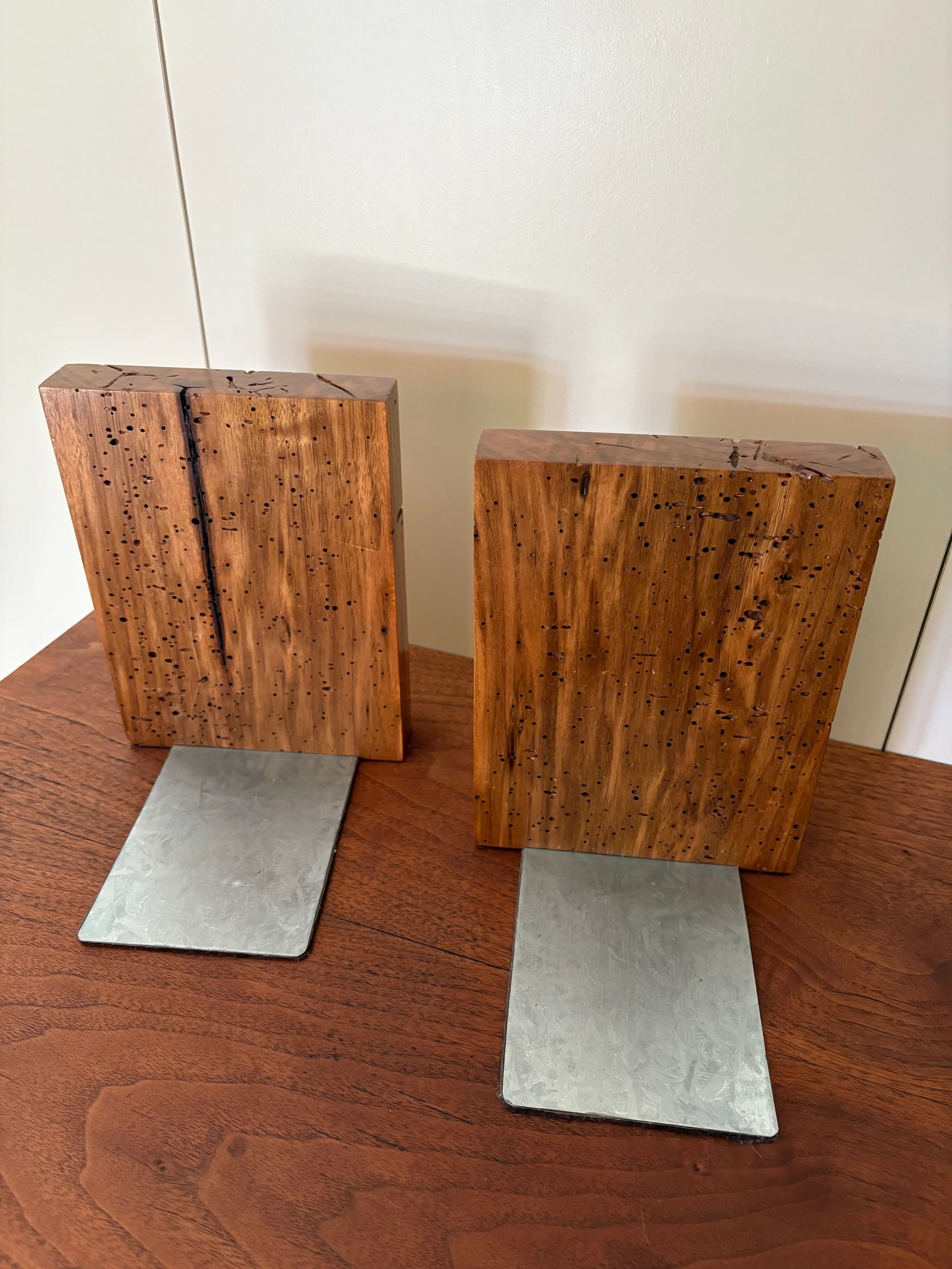 Large Artisan Made Wormhole Hardwood Faceted Bookends a Pair - 7