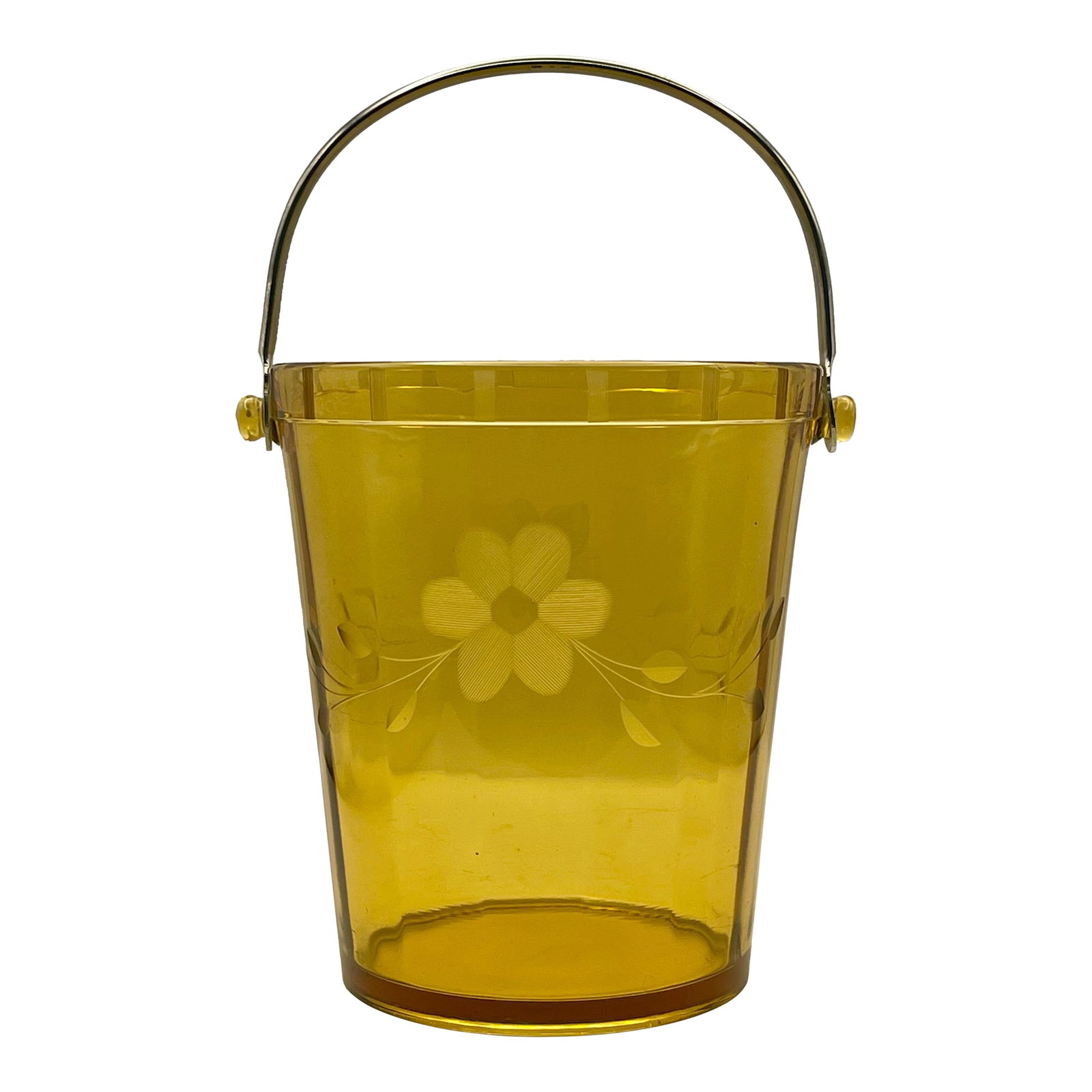 1930's Amber Etched Glass Ice Bucket: A vintage 1930's beveled glass ice bucket etched with leaves & flowers and a chrome handle. Ships within 1-2 days using USPS. All items packed with care. Please contact us with any questions. Arrives 