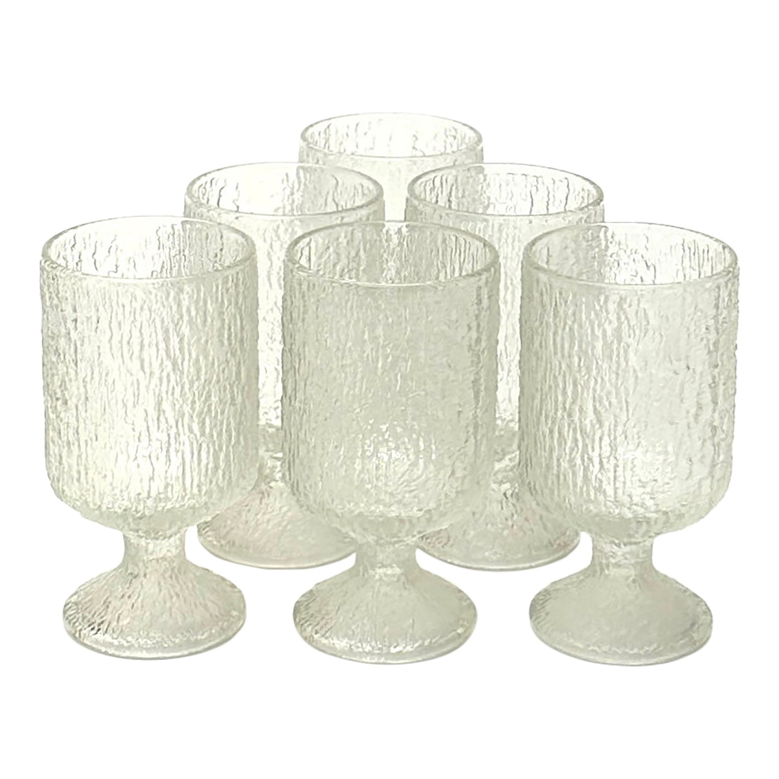 Mid Century Footed Ice Textured Drinking Glasses by Indiana Glass - Set of 6: Clear textured wine glasses, set of 6. A stunning set of transparent, clear Indiana Glass "Crystal Ice" textured footed wine or water glasses. Height: 5.25" Width: 3" Condition: Alterations: Original