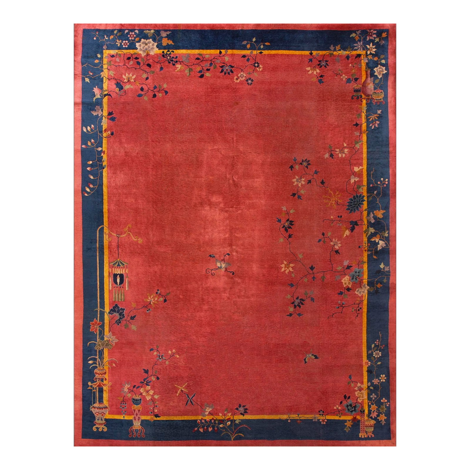 Excellent Red Scarlet Background and Navy Blue Border Color With Floral Design Antique Chinese Art D: 1920s Chinese Art Deco Carpet on Pink Background ( 10'3" x 136" - 312 x 412 cm ) Chinese - Art Deco As the name implies, pieces woven between the wars for the Western market by mostly American owned