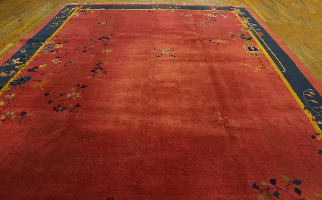 Excellent Red Scarlet Background and Navy Blue Border Color With Floral Design Antique Chinese Art D - 2