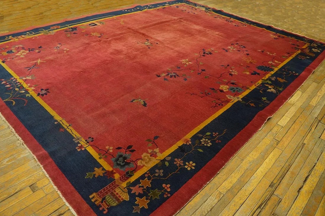 Excellent Red Scarlet Background and Navy Blue Border Color With Floral Design Antique Chinese Art D - 3