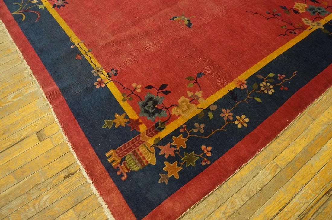 Excellent Red Scarlet Background and Navy Blue Border Color With Floral Design Antique Chinese Art D - 4