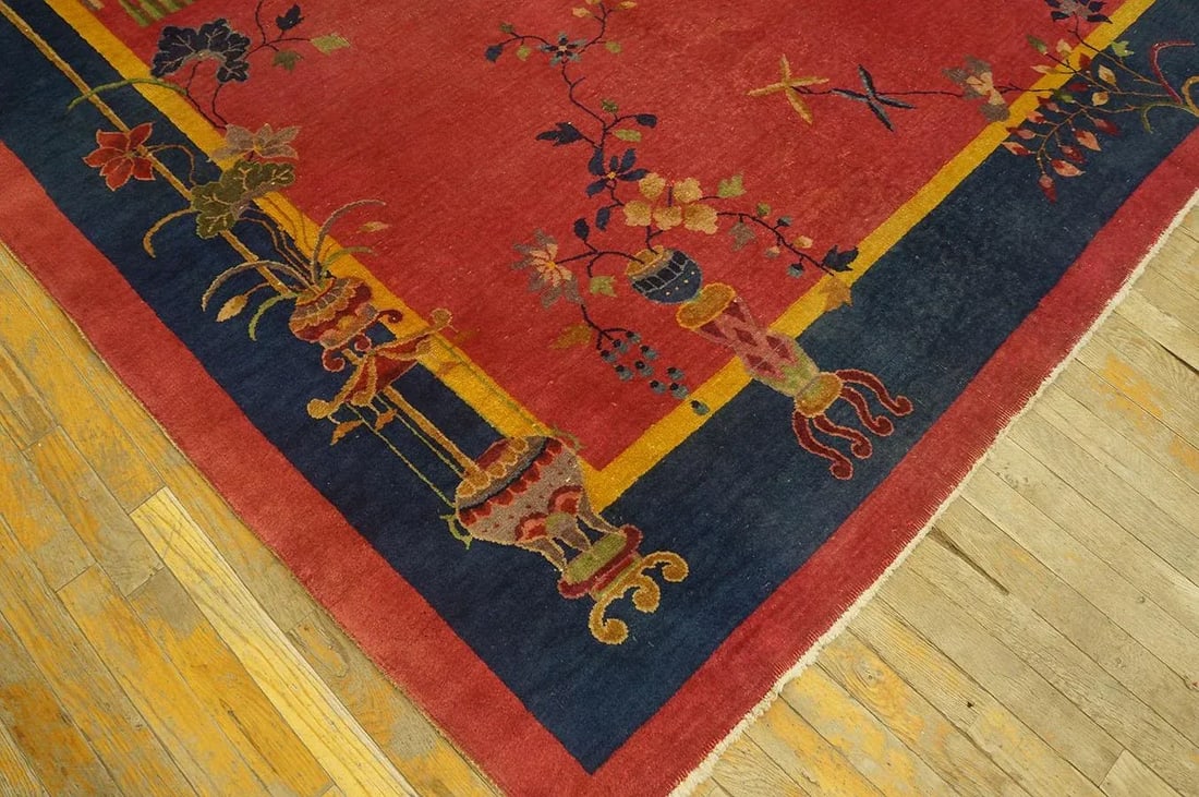 Excellent Red Scarlet Background and Navy Blue Border Color With Floral Design Antique Chinese Art D - 5
