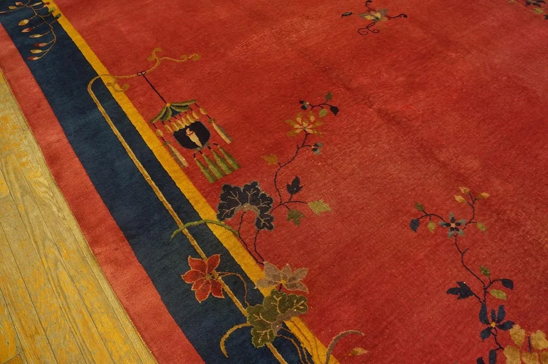 Excellent Red Scarlet Background and Navy Blue Border Color With Floral Design Antique Chinese Art D - 6