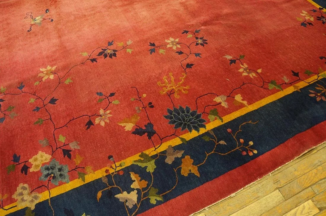 Excellent Red Scarlet Background and Navy Blue Border Color With Floral Design Antique Chinese Art D - 7