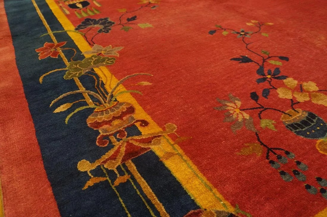 Excellent Red Scarlet Background and Navy Blue Border Color With Floral Design Antique Chinese Art D - 8