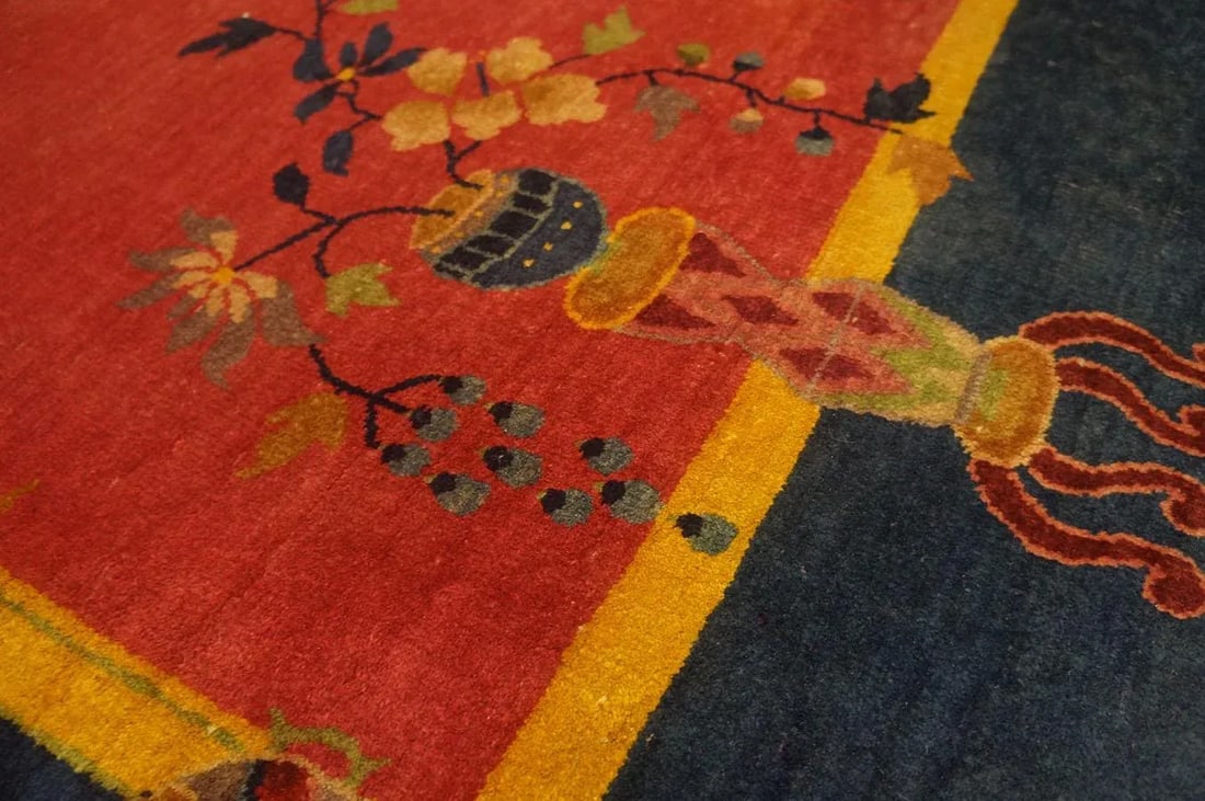 Excellent Red Scarlet Background and Navy Blue Border Color With Floral Design Antique Chinese Art D - 9