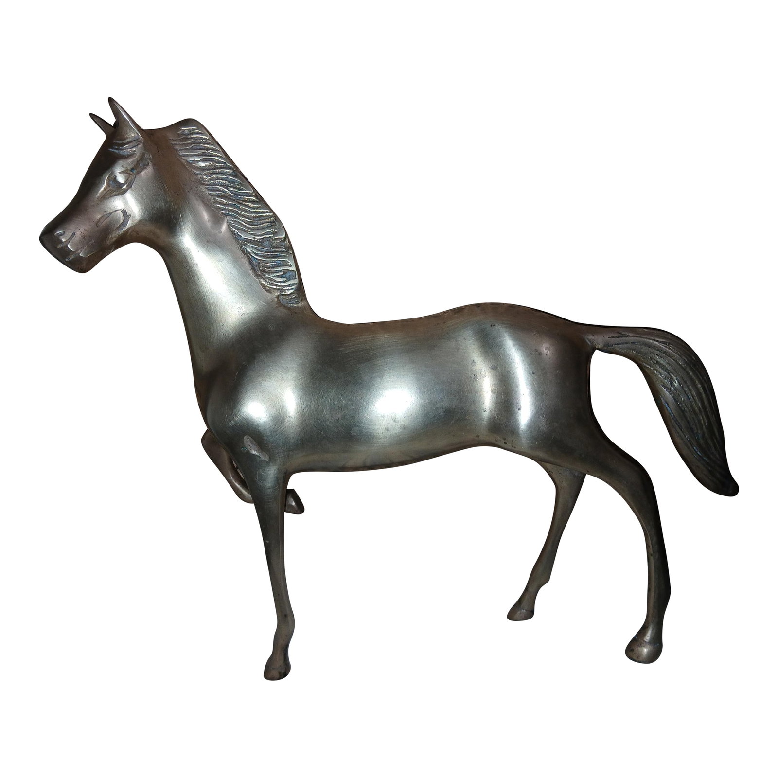 Mid Century Large Solid Brass Horse Statue: Heavy solid brass mid century horse statue. In great condition for its age. Beautiful addition to your equestrian decor. Large, 3 inches wide by 10 long by 11 high Condition: Alterations: Original
