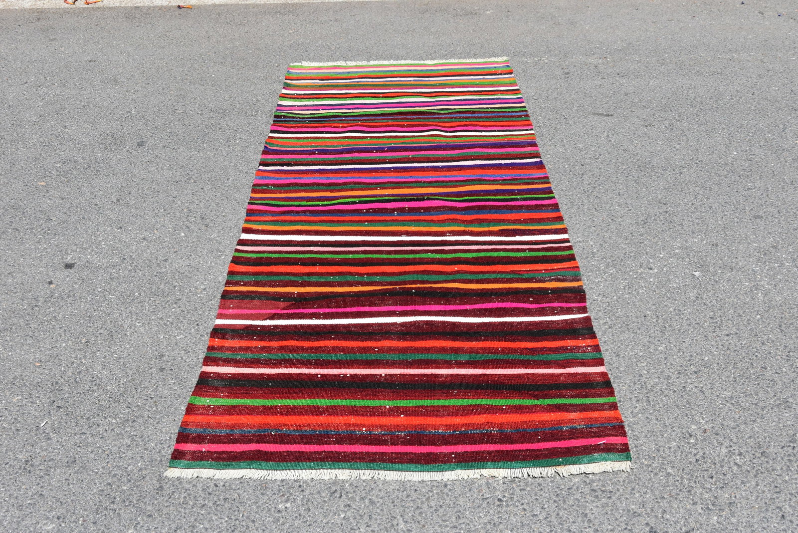 1970s Striped Design Turkish Vintage Flatweave Rustic Farmhouse Style Oushak Kilim Rug - 2