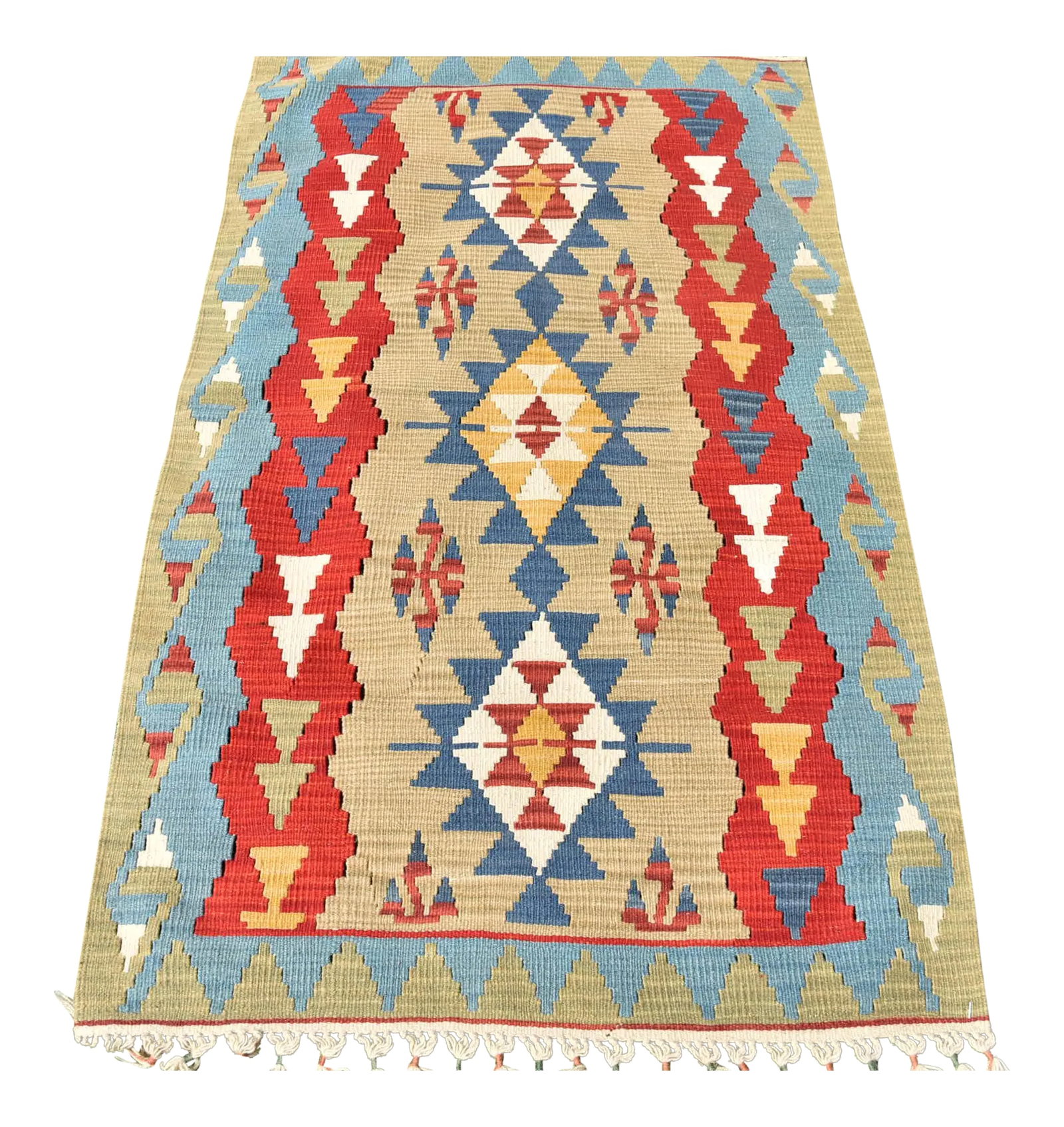 1980sTribal Blue Diamond Kilim: Decorative Tribal Design Hand Knotted Oushak Vintage Floor Decor Turkish Kilim Rug -3x6 Ft Size: 3.2 x 5.6 ft (100 x 170 cm) 39 x 70 inches Color: Blue, Red, White, Beige, Green, Yellow Material: 100%