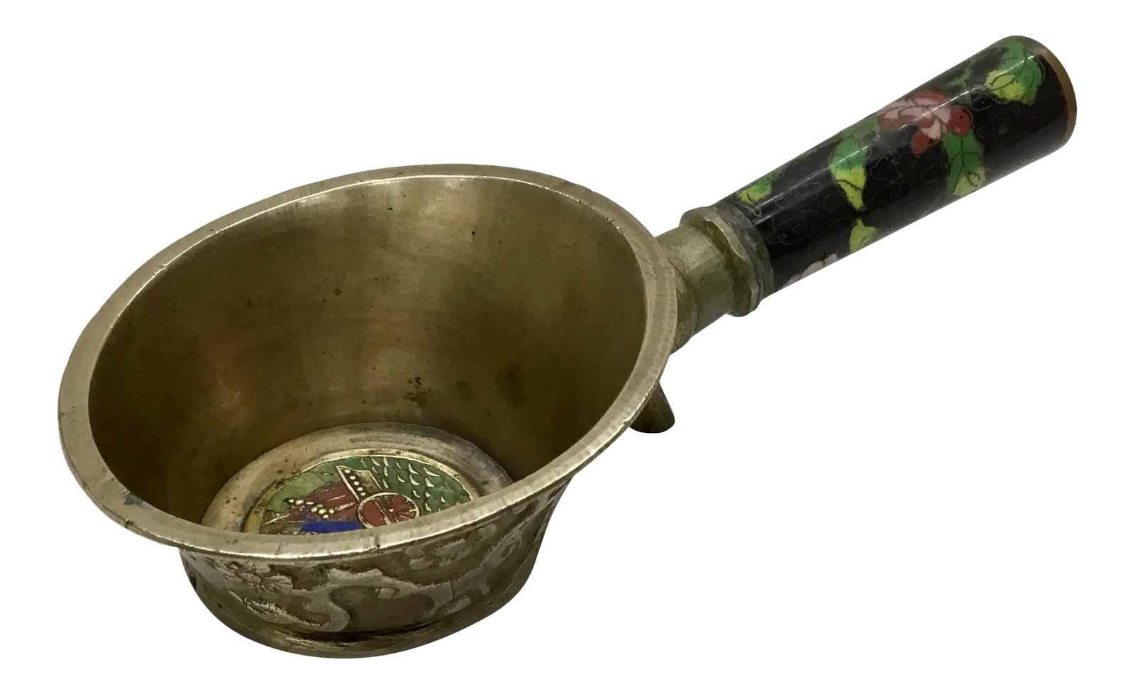 Vintage Brass Chinese Scoop Bowl With Cloisonne Handle: Beautiful Vintage Chinese hand tooled free standing scoop dish with cloisonne decorated handle and enameled image of a steamboat on bottom . Condition: Alterations: Original Condition Unaltered