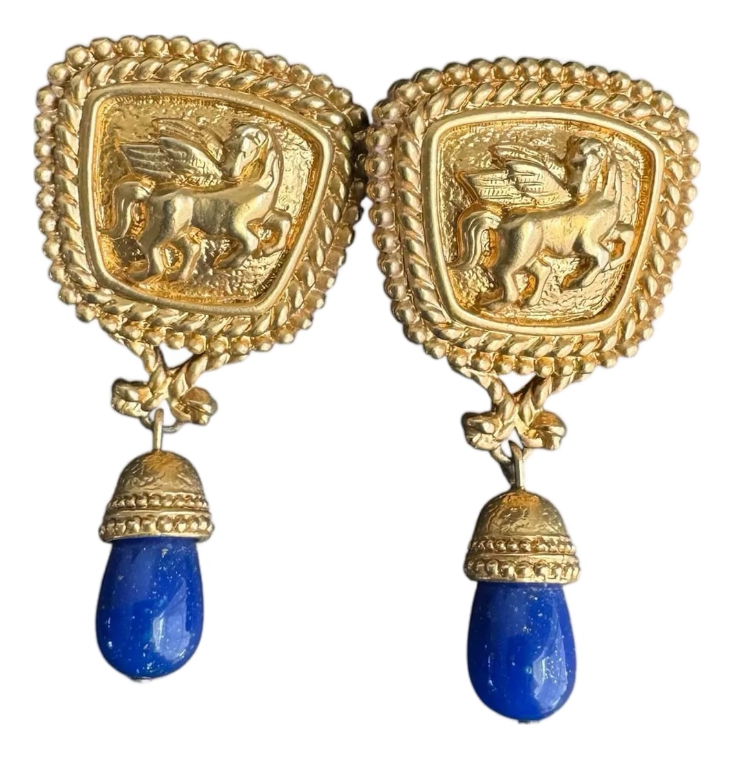 Vintage 1980s Roman Pegasus Faux Lapis Earrings Gold Tone Statement Neoclassical Elizabeth Taylor: Vintage 80s Faux Lapis Earrings Pegasus Gold Tone Statement Maximalist Avon Elizabeth Taylor Signed Avon, these appear to be from the Elizabeth Taylor line but I could not confirm. Condition: