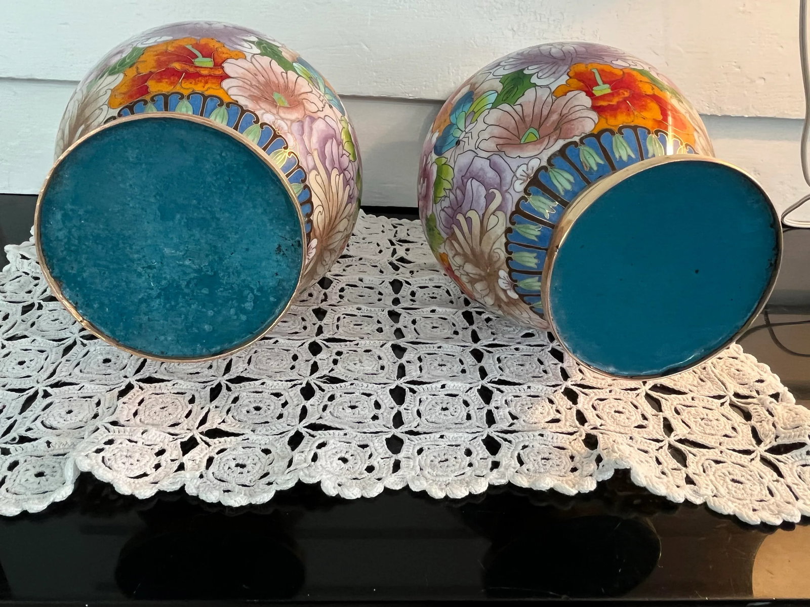 1980s Chinese Cloisonne Multicolor Mirror Pair 12" Vases, Florals, Butterfly, - 11