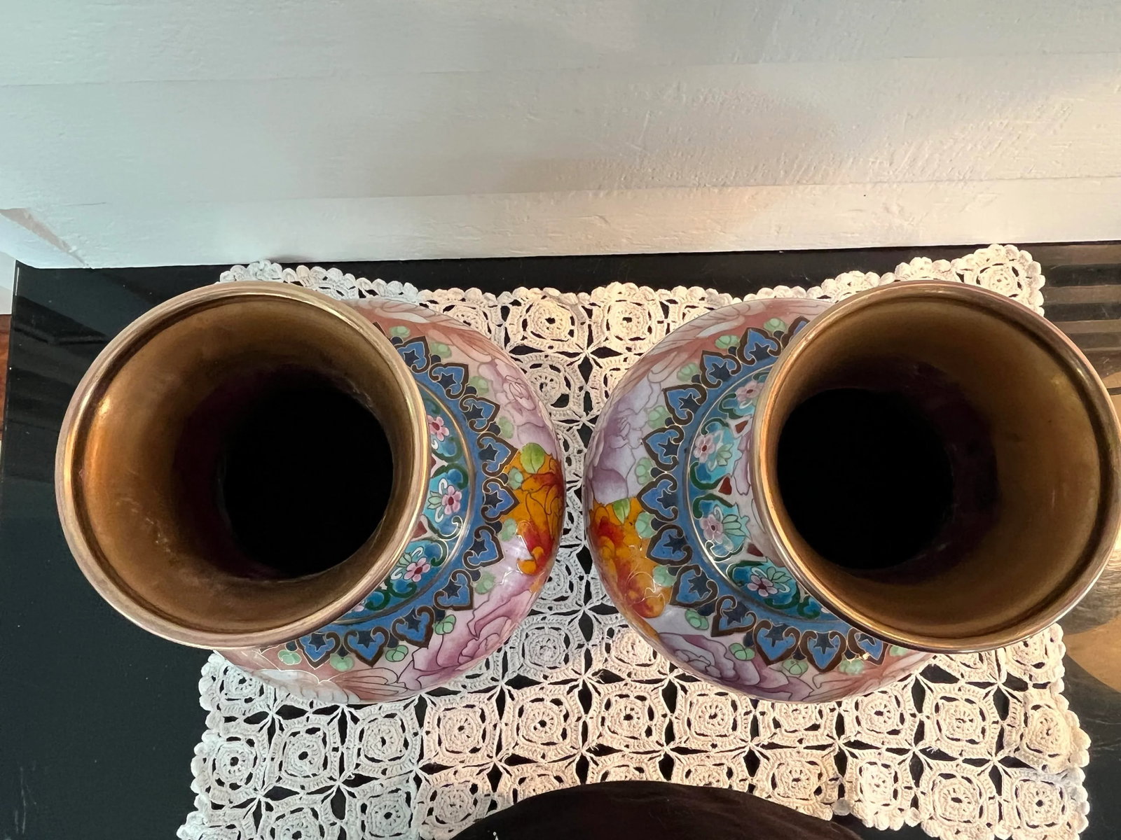 1980s Chinese Cloisonne Multicolor Mirror Pair 12" Vases, Florals, Butterfly, - 12