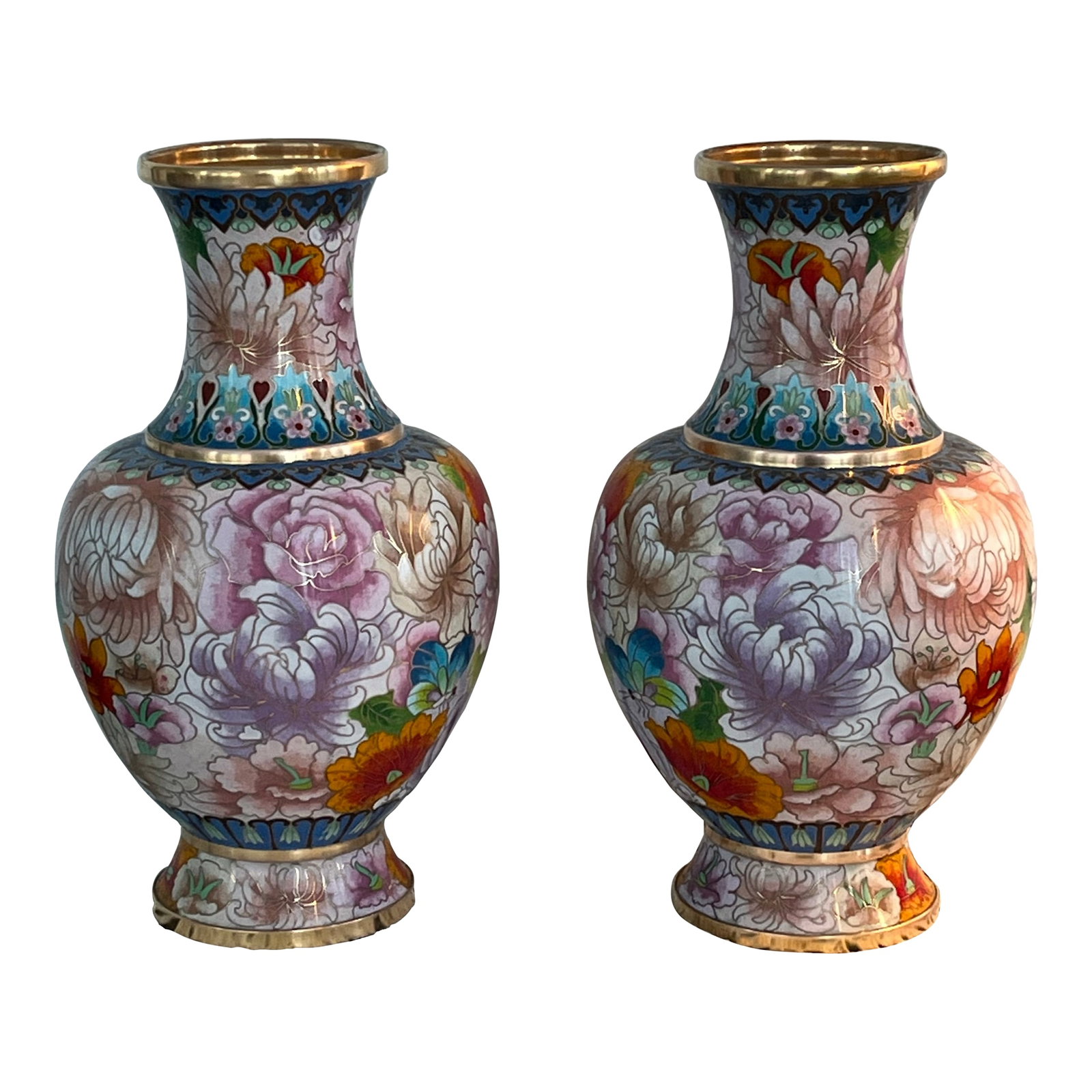 1980s Chinese Cloisonne Multicolor Mirror Pair 12" Vases, Florals, Butterfly,: Vintage 20th century pair of Chinese Cloisonne mirrored multicolored vases with floral motif and butterflies. Each vase measures approximately 12" tall. Diameter at top: 3-3/4" Diameter at vase