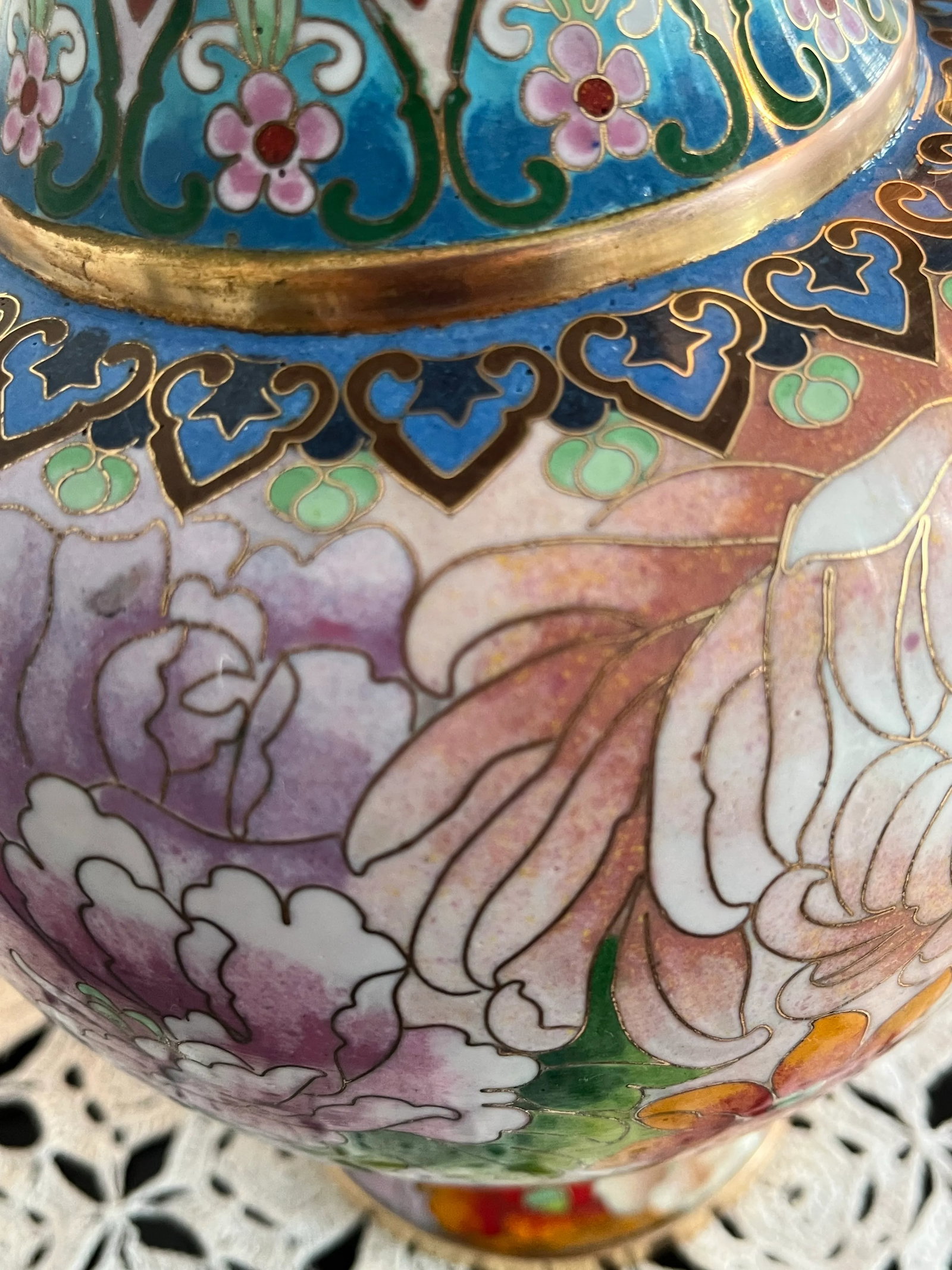 1980s Chinese Cloisonne Multicolor Mirror Pair 12" Vases, Florals, Butterfly, - 6