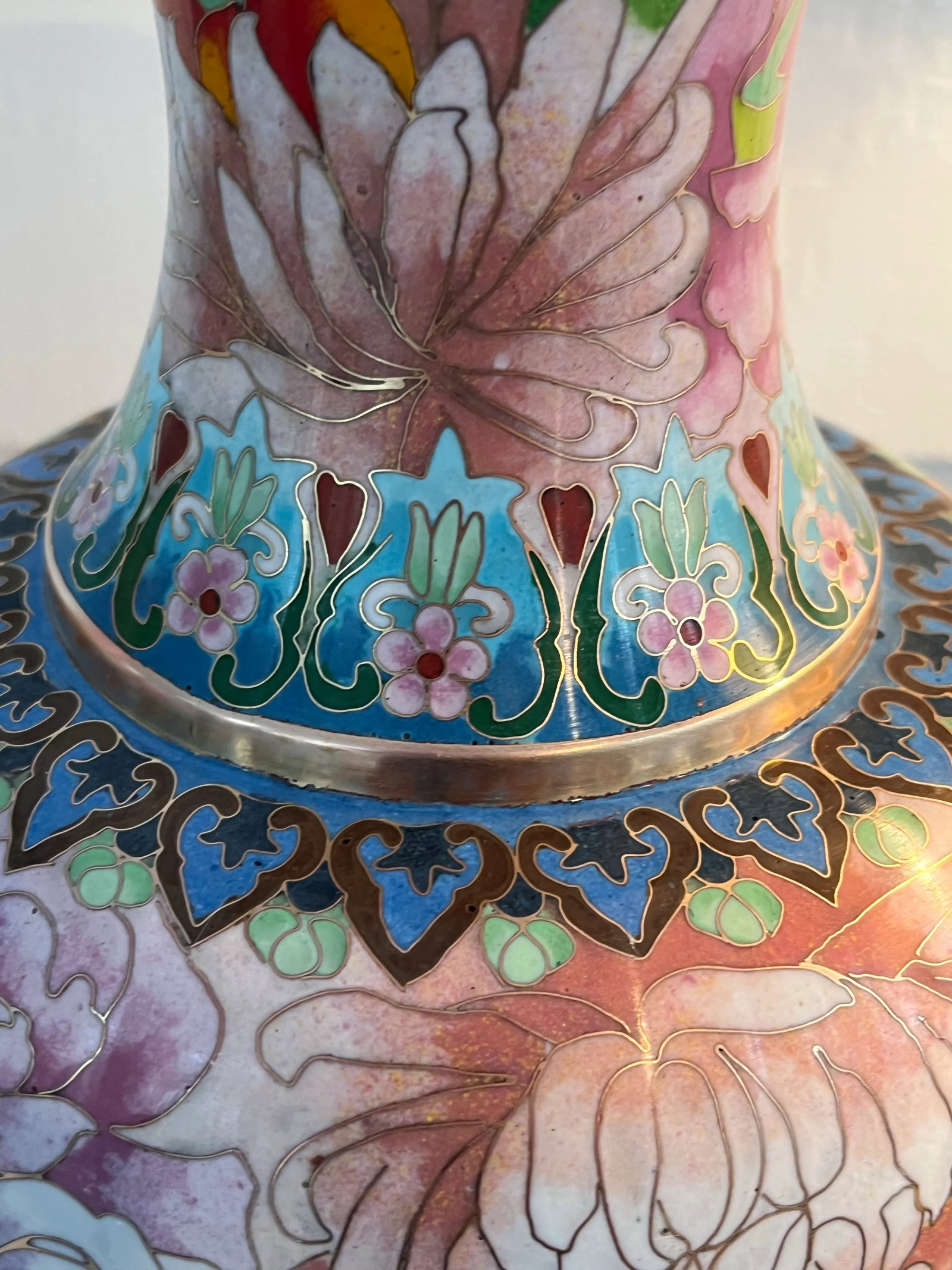1980s Chinese Cloisonne Multicolor Mirror Pair 12" Vases, Florals, Butterfly, - 9