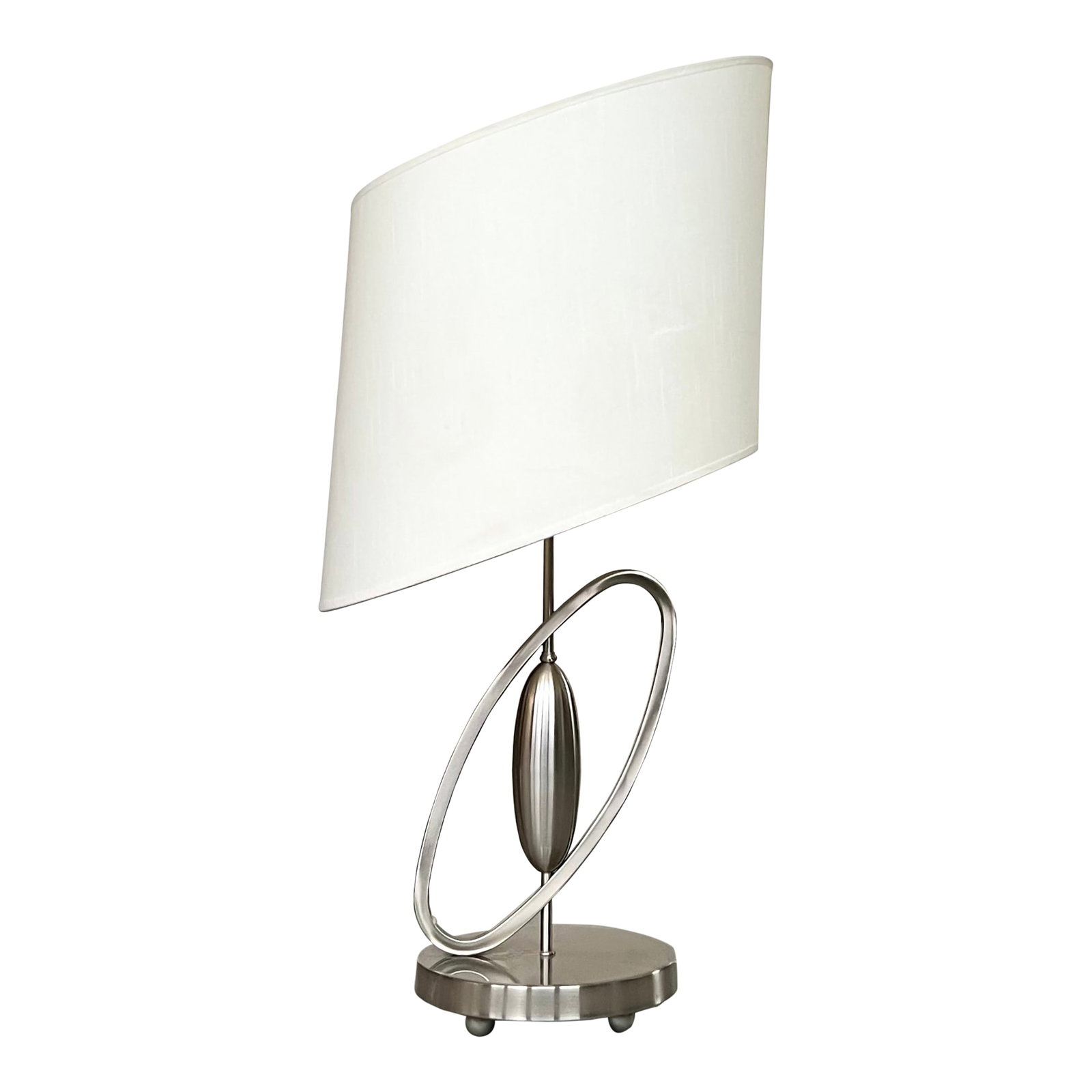 Postmodern Sculptural Diagonal Ring Table Lamp With Shade - Brushed Stainless Finish: Coolest large postmodern table lamp features a sculptural design with a diagonal shade that echoes the shape of its base - a perfect balance of symmetry and motion. Made of sleek brushed stainless