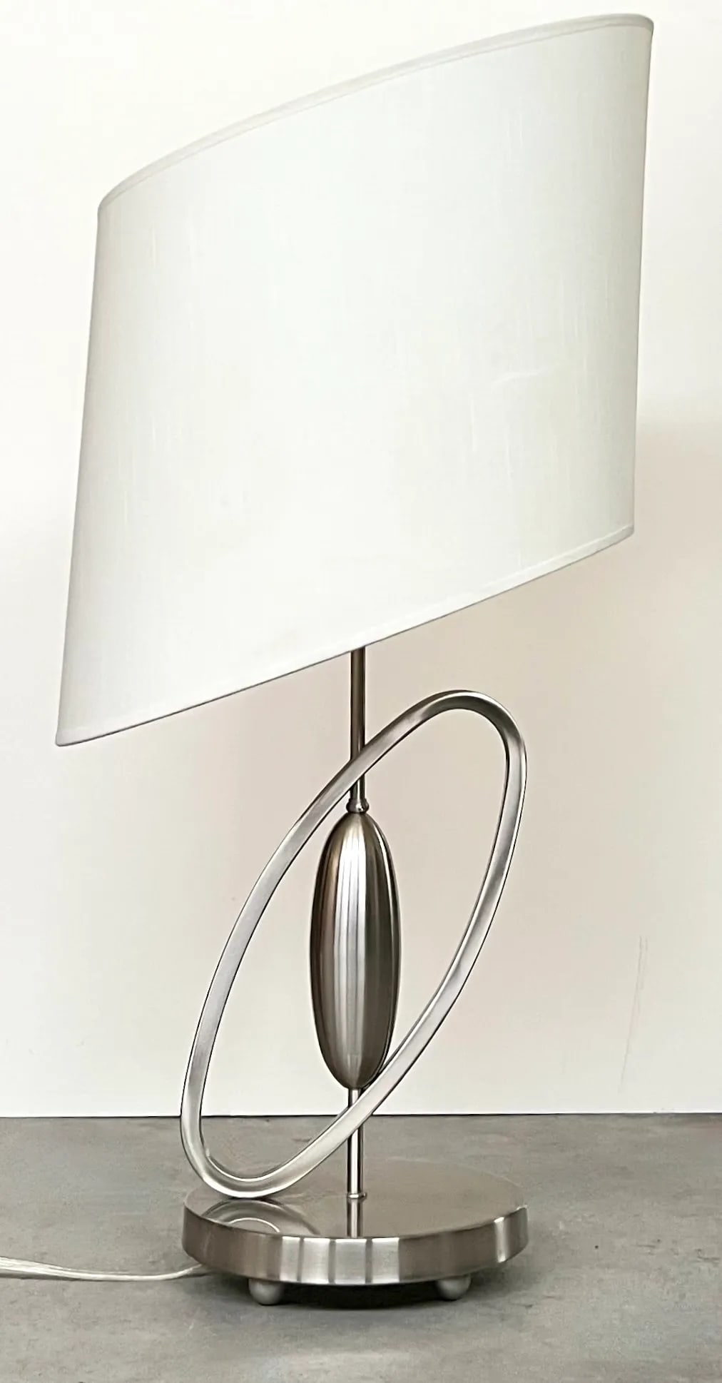 Postmodern Sculptural Diagonal Ring Table Lamp With Shade - Brushed Stainless Finish - 6